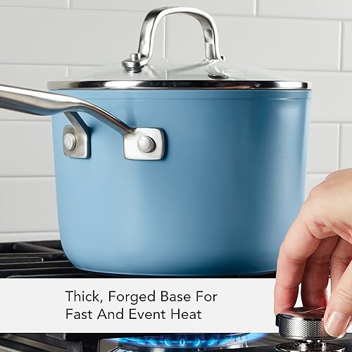 Miniatura 5 de KitchenAid Sartén antiadherente de cerámica anodizada dura con tapa, 3 cuartos de galón, terciopelo azul