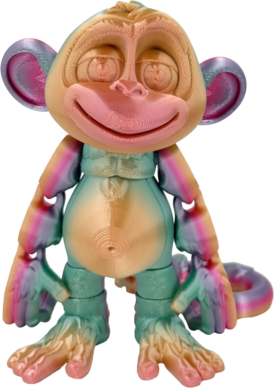 3D Printed Articulated Monkey Fidget Toy – Posable, Hangable, Stands on Its Own for Fun Poses and Display (Rainbow)