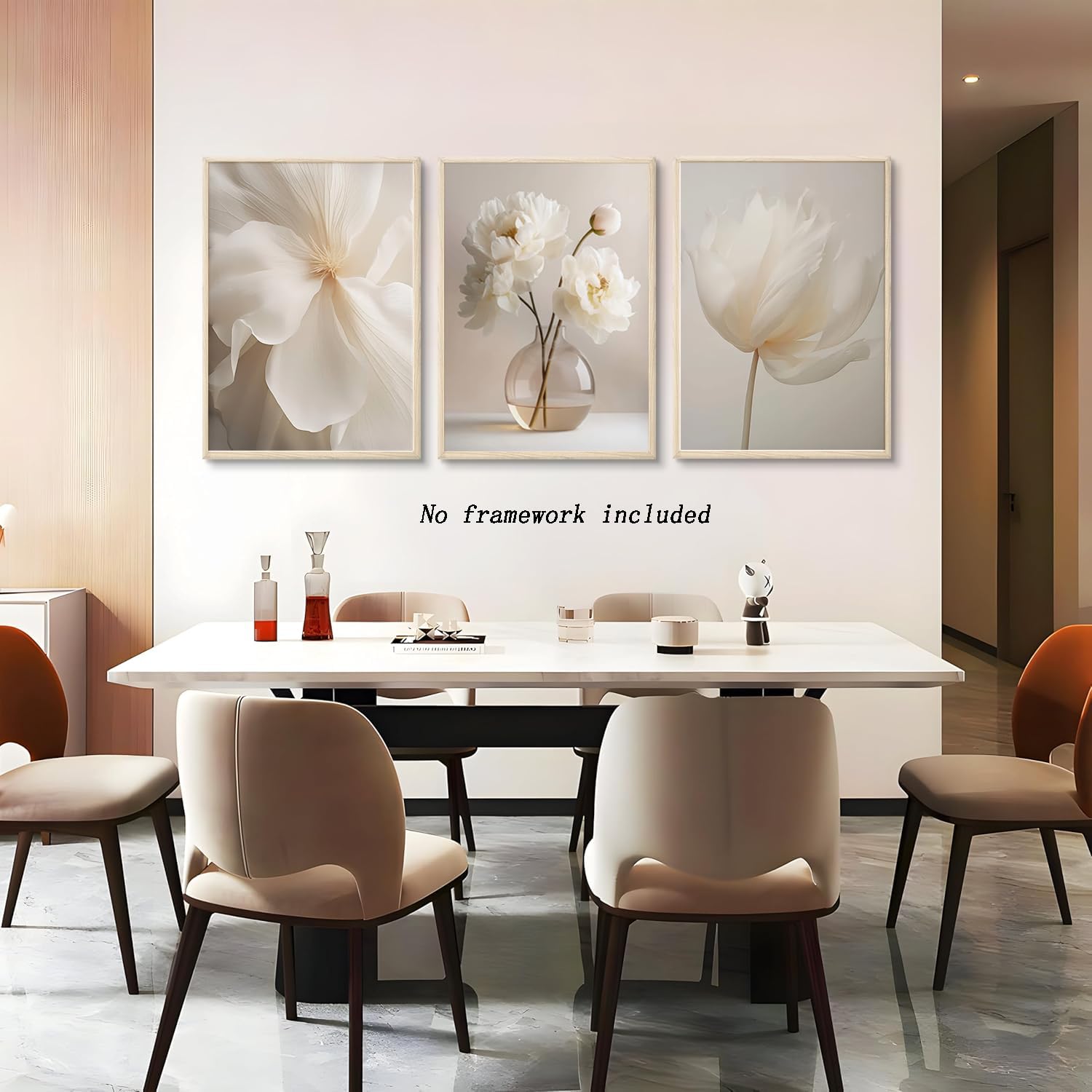 3 piezas de arte de pared de peonías blancas, decoración de pared floral beige, neutro, moderno, estético, impresiones en lienzo, perfecto para galería, dormitorio, sala de estar, decoración de pared