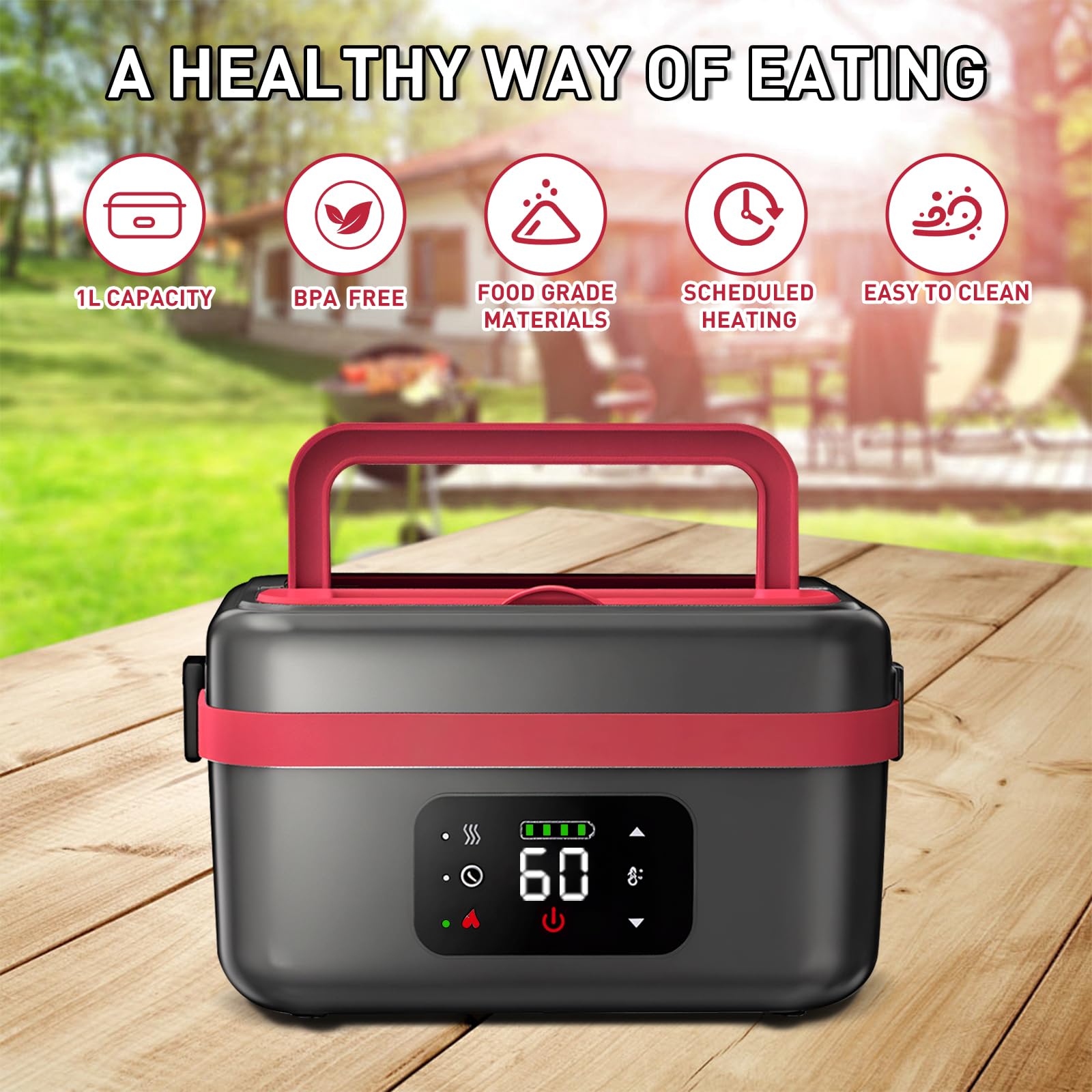 JingHua Cordless Electric Heated Lunch Box for Men Women, 1L Rechargeable Lunch Box Self-Heating Food Warmer with Keep Warm Function Ideal for Indoor Outdoor Work Office Camping Travel