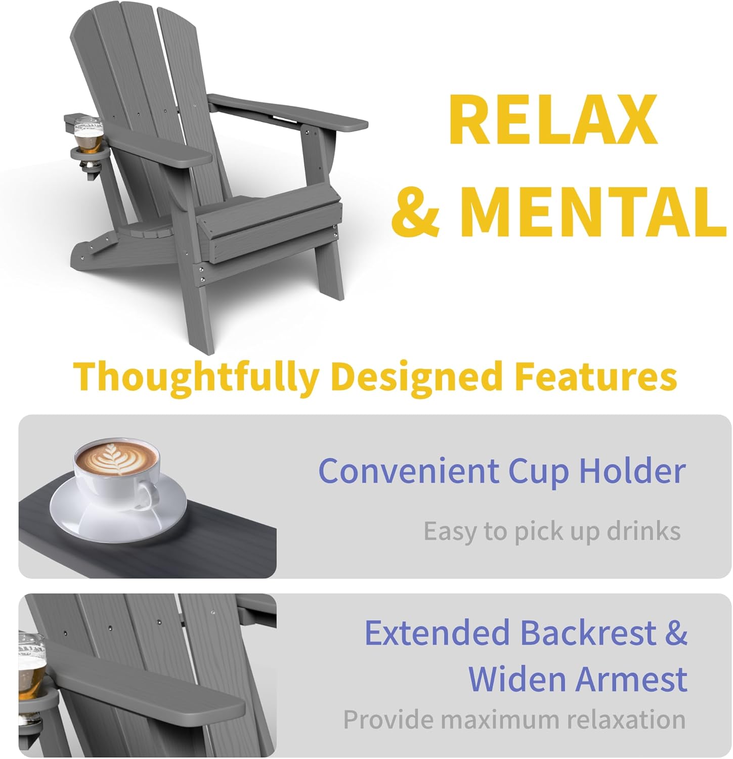 Kingdura Foldable Adirondack Chairs Set of 4, Portable HDPE All Weather Resistant Outdoor Patio Chair, Wooden Textured with Cup Holder, 380LBS Capacity for Poolside, Backyard, Deck, Fire Pit (Grey)