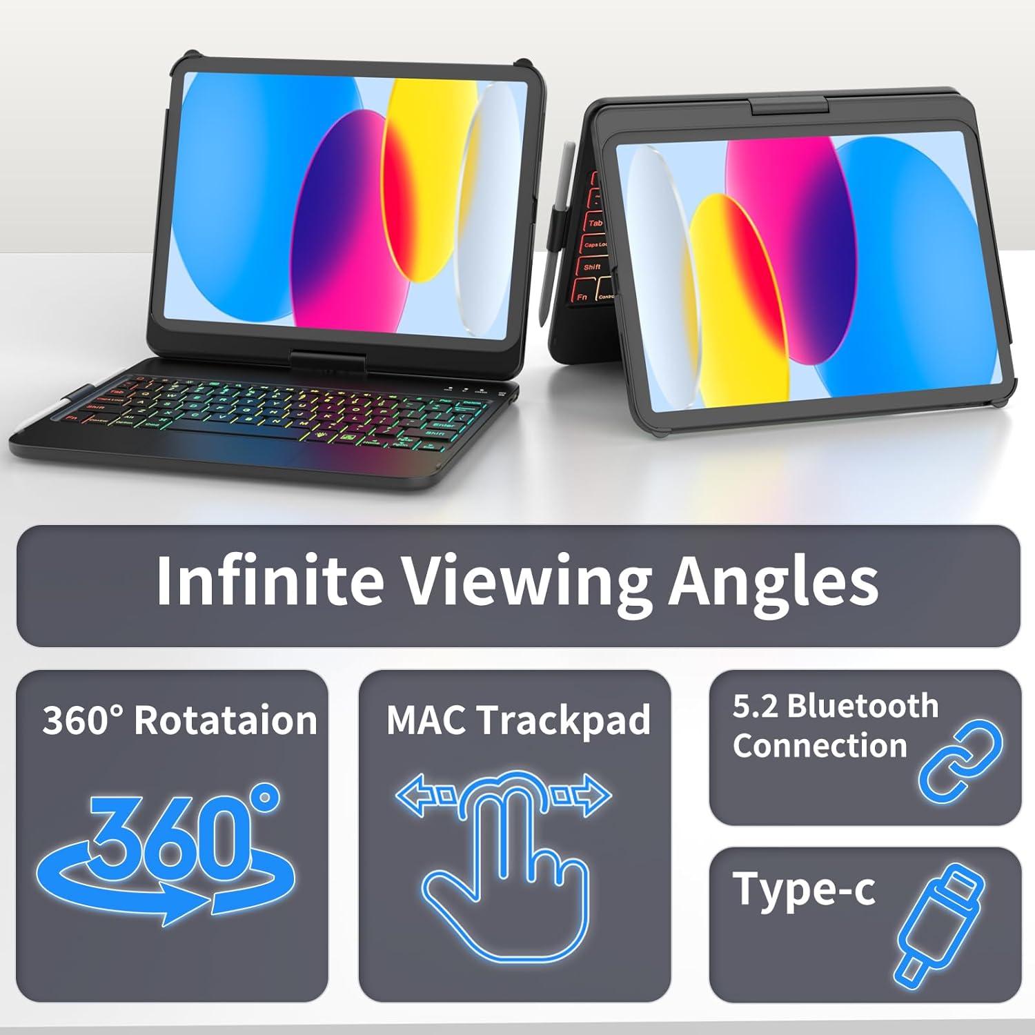 Touch Keyboard Case for iPad A16 11th Generation 2025/10th Generation 10.9 inch 2022,360° Rotatable for iPad 11th Generation Case with Keyboard- 10 Color Backlight Keyboard Case with Pencil Holder - Image 5