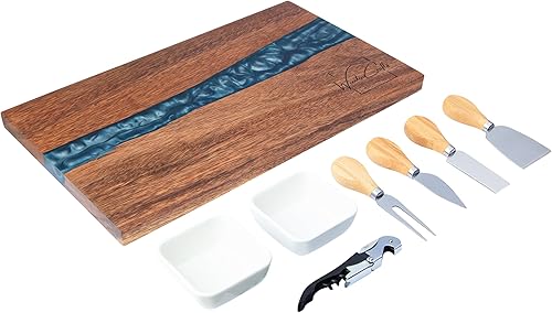 Juego de tablas de queso de nogal y embutidos 4 cuchillos de embutidos, 2 tazones, abridor de vino sacacorchos, tabla de queso de resina duradera