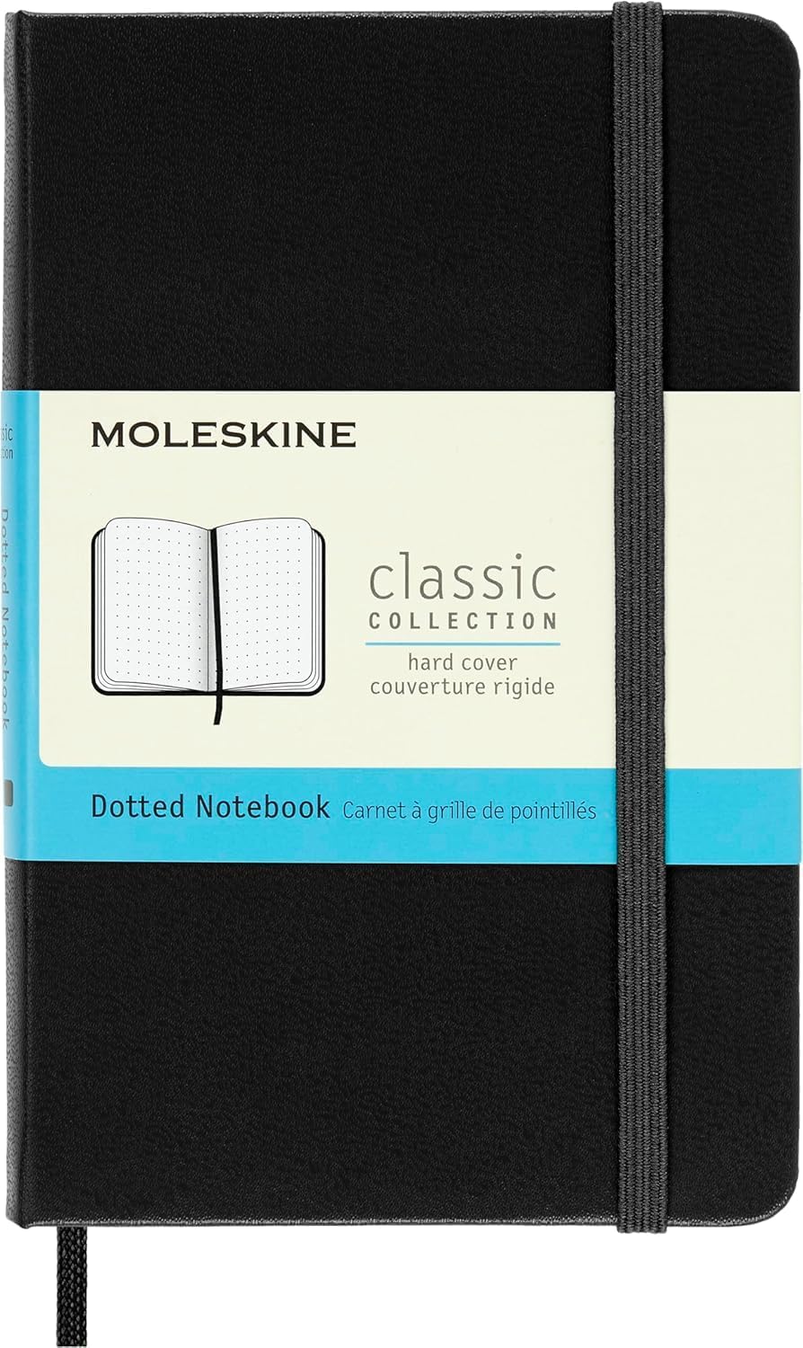 Classic Notebook, Notebook With Dotted Pages, Hard Cover and Elastic Closure, Black, Pocket, 9 x 14 cm, 192 Pages