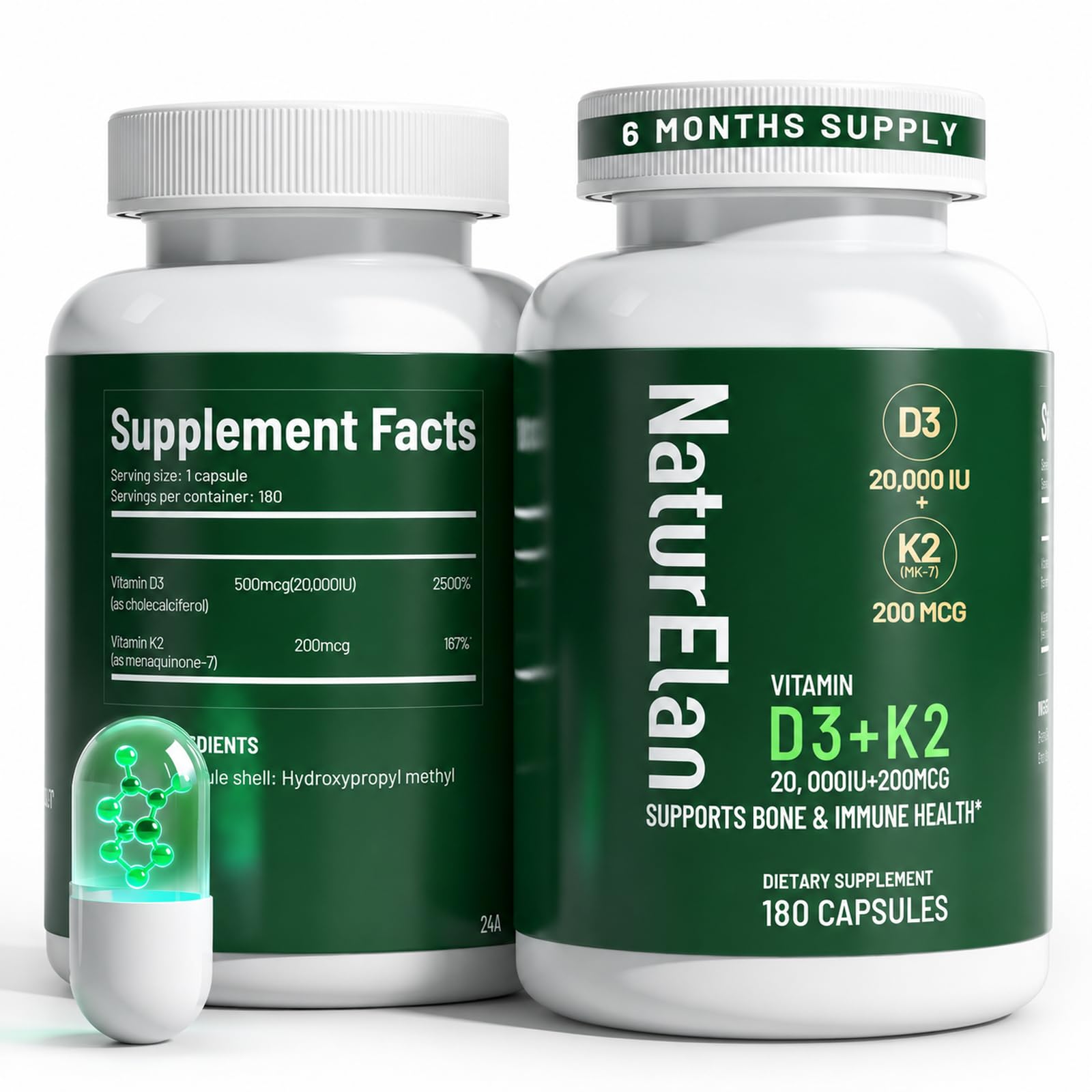 NaturElan Vitamin D3 K2-20,000 IU D3 + 200mcg K2(MK-7), 180 Capsules | Supports Bone, Immune, Heart &amp; Teeth Health, Non-GMO,Vegan, Third-Party Tested, Gluten Free, K2 D3 Vitamin for Men &amp; Women