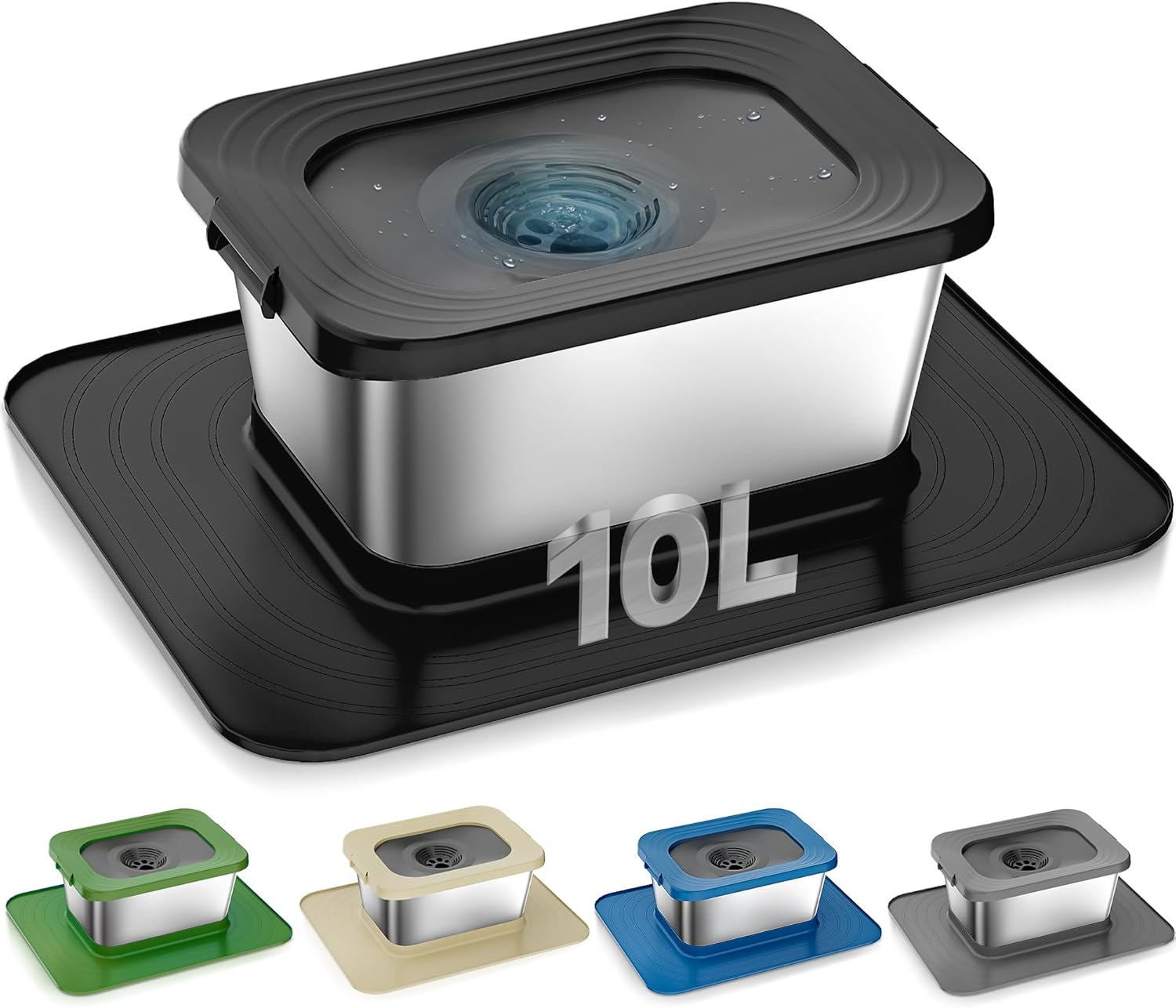 10L No Spill Dog Water Bowl, 2.6 Gal Stainless Steel No Splash Large Dog Water Bowl with Non-Slip Silicone Mat, Spill Proof Slow Drinking Pet Bowls for Messy Drinkers Indoor/Outdoor Use Black