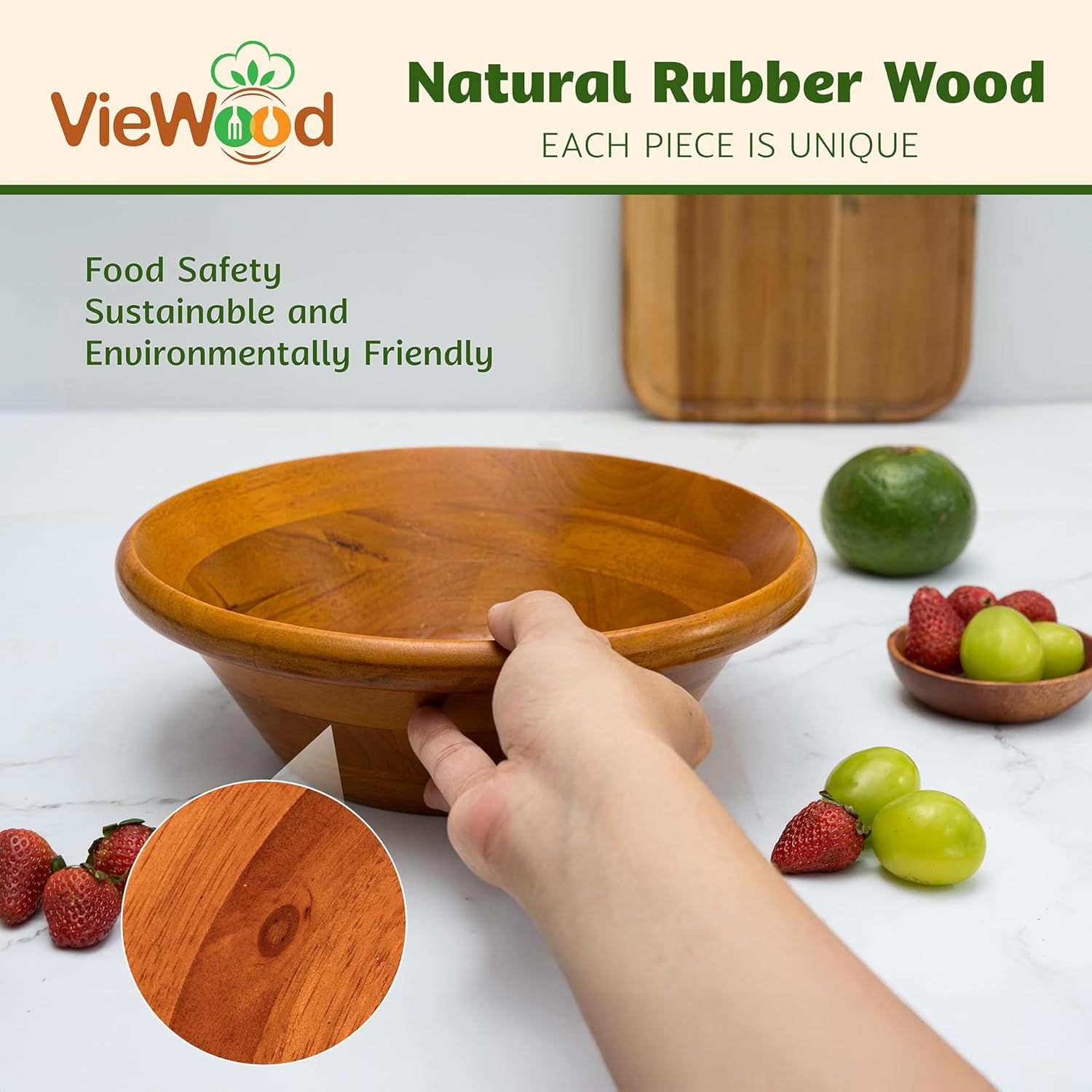 VieWood Wooden Salad Bowls, Set of 2 Wood Bowls for Serving Food, Salad, Dessert, Home Decor, Food Safe - Lightweight, Sturdy & Durable (10.5'' Diameter & 3.5'' Height)