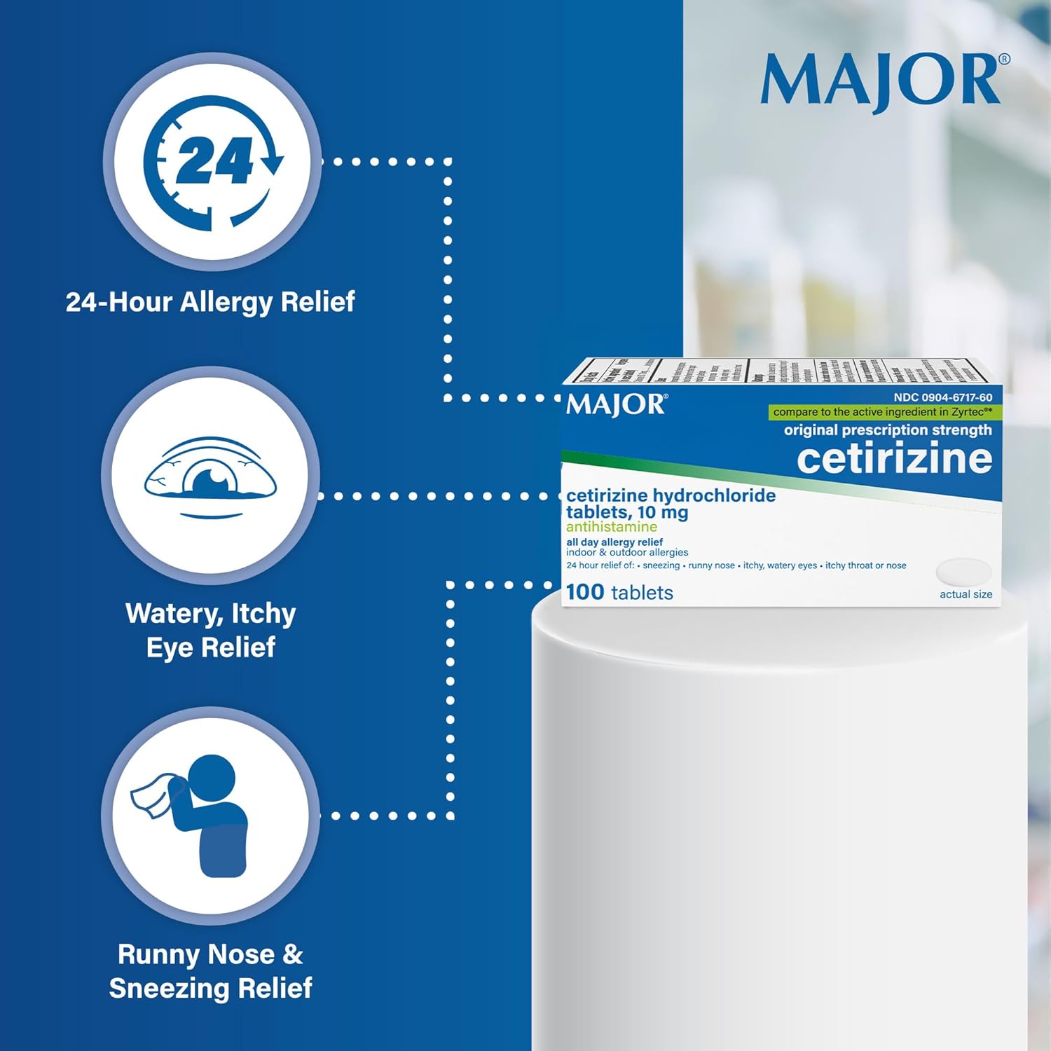 Major Cetirizine Hydrochloride Tablets - 24 Hour Indoor and Outdoor Allergy Relief for Sneezing, Watery Eyes, Itchy Throat or Nose - 10mg - 100 Count (3 Pack)