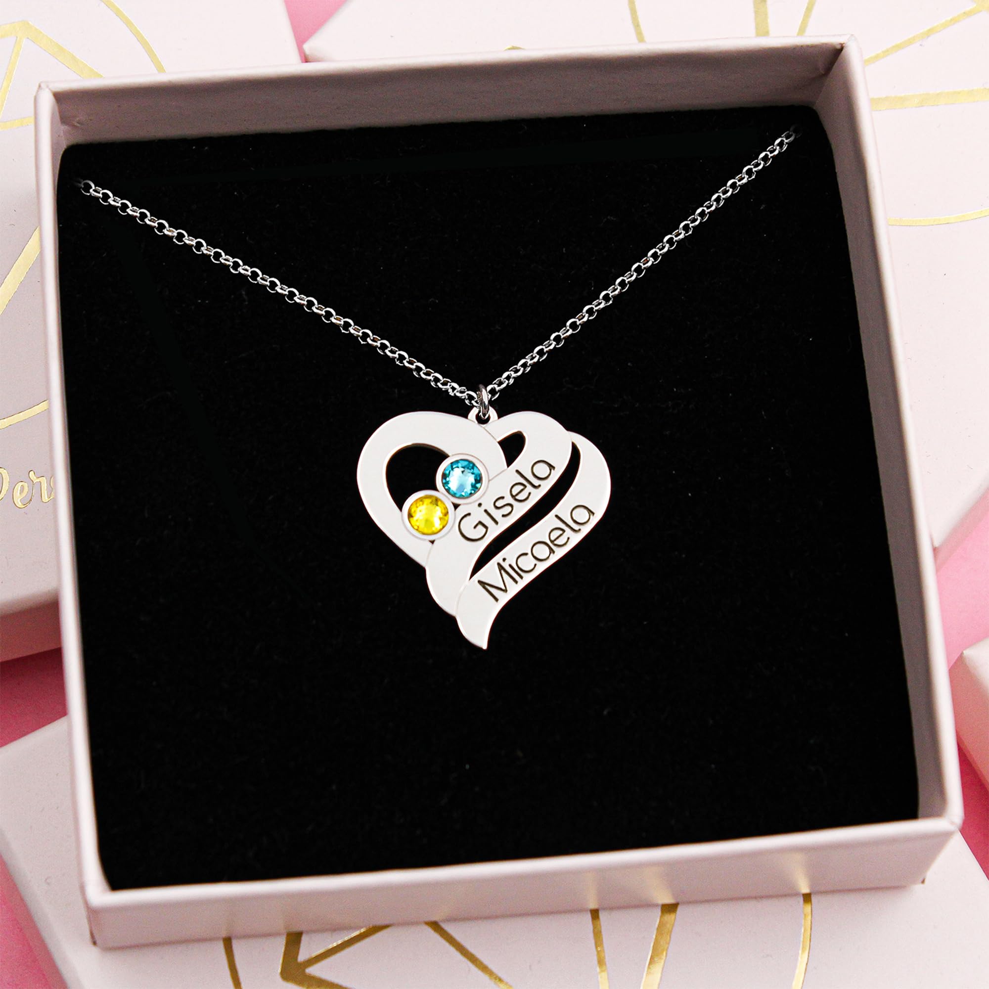Collar Corazón Personalizado con Nombres y Piedras de Nacimiento - Colgante Mujer Plata - Regalo Perfecto en San Valentín para Parejas y Enamorados