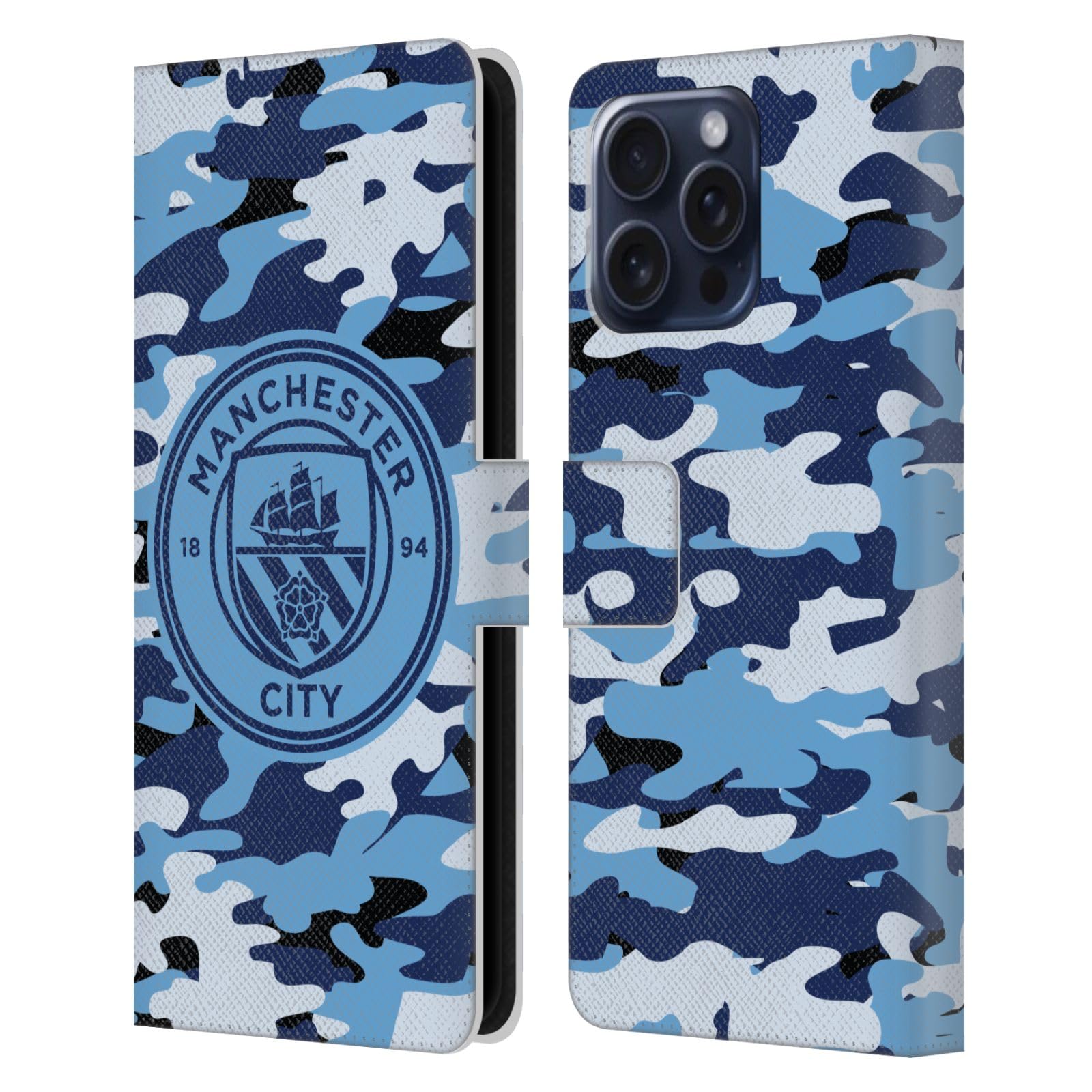 Head Case Designs Officially Licensed Manchester City Man City FC Blue Moon Mono Badge Camou Leather Wallet Case Compatible With Apple iPhone 16 Pro Max
