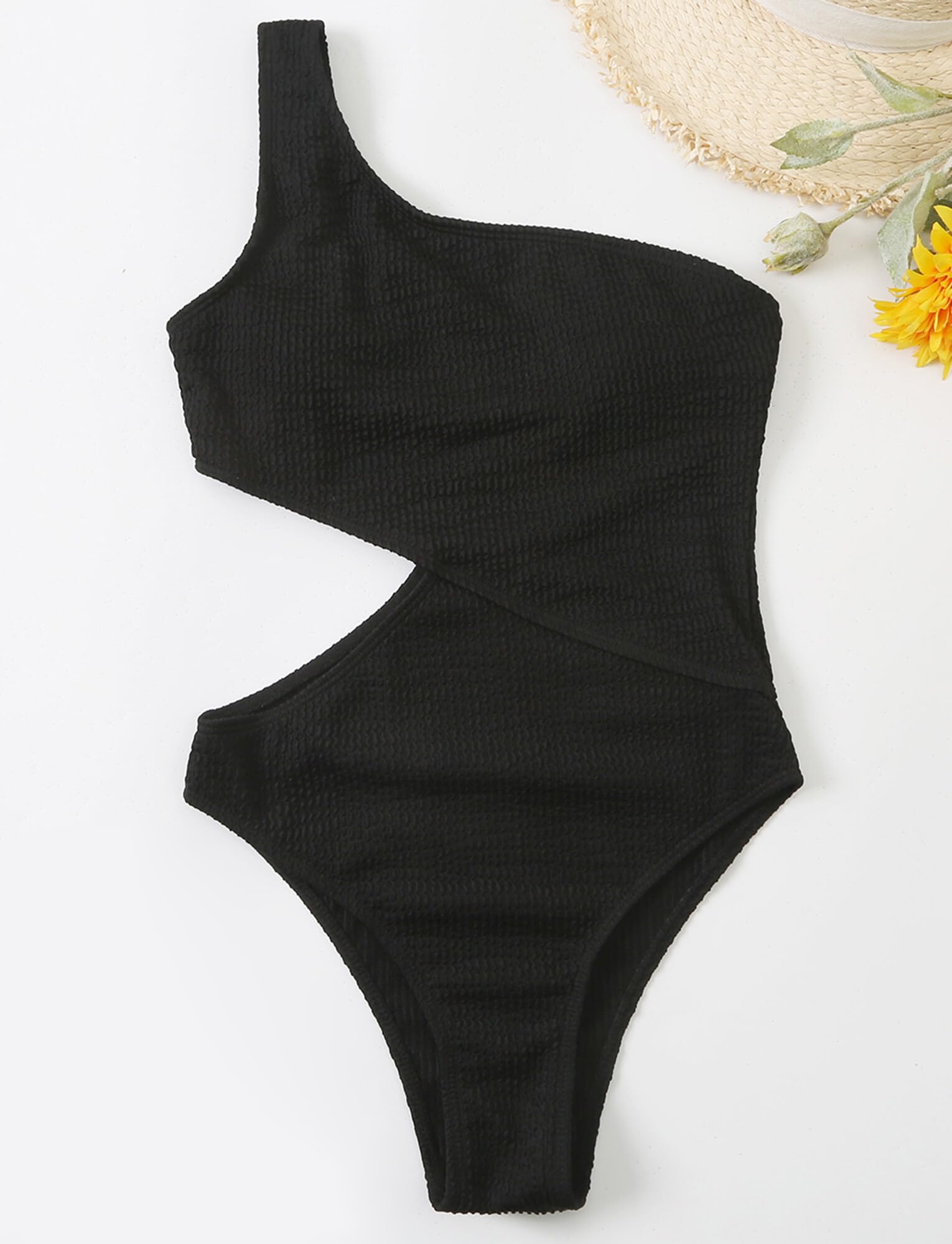 FEOYA Einteiliger Badeanzug Damen Cut Out One Shoulder Bademode Gerippt Monokini Bauch Kontrolle Badeanzüge Push Up