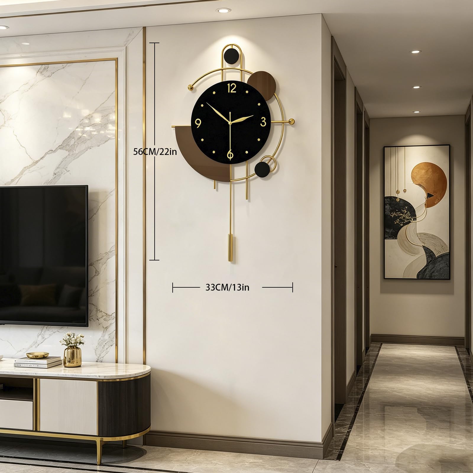 Moderne Wanduhr für Wohnzimmer, Dekoration, große, dekorative goldene Metall-Wanduhr mit Pendel, leise, Qualität, Quarz, große Uhr, batteriebetrieben, nicht tickend, für Küche, Büro