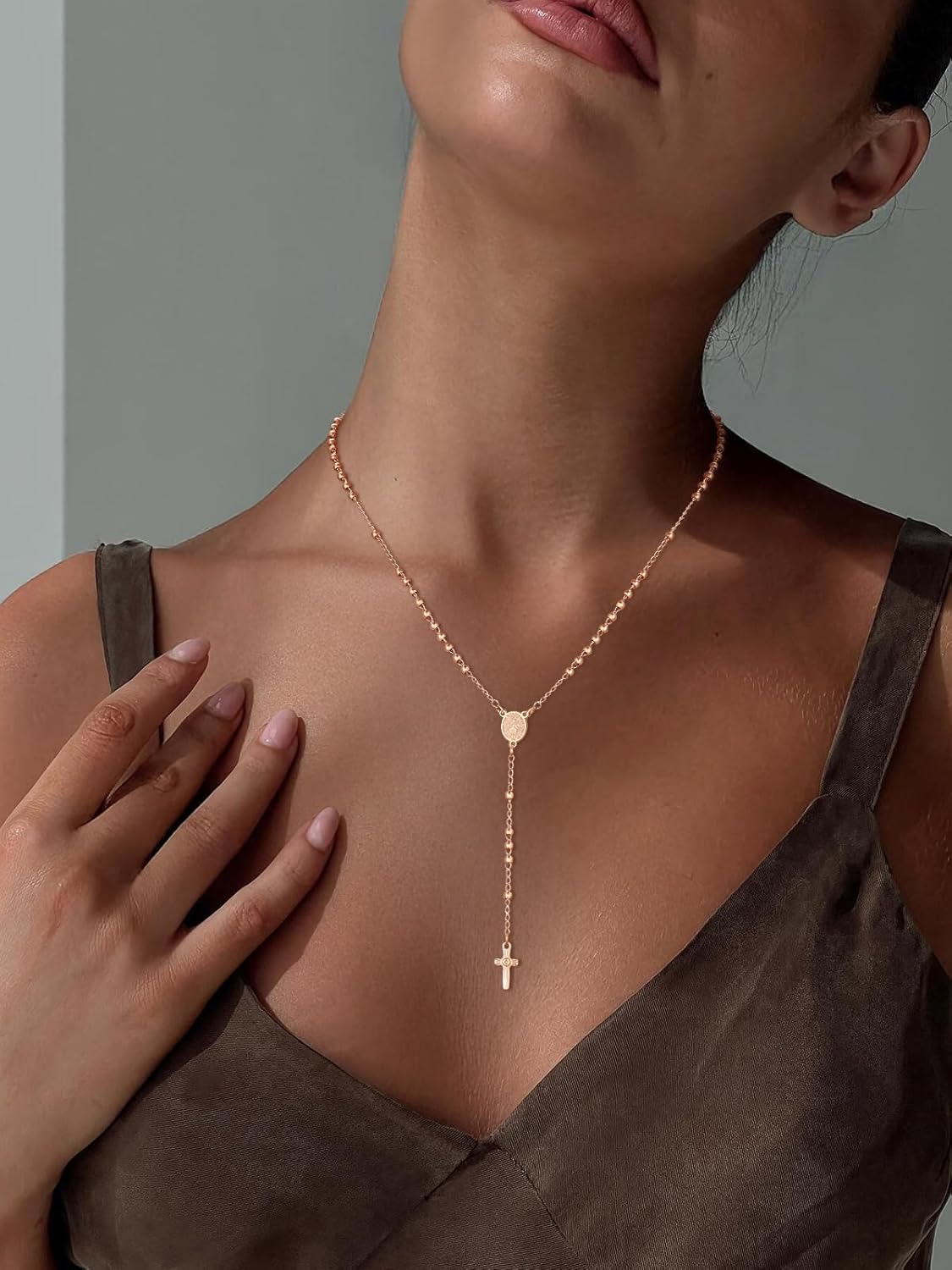 FOCALOOK Rosary Chain Necklace Virgin Mary Prayer Necklace with Crucifix/Jesus Cross Pendant Catholic Long Y Drop Chain Jewelry Gift for Women Men (with Rosary Box & Pray Card)