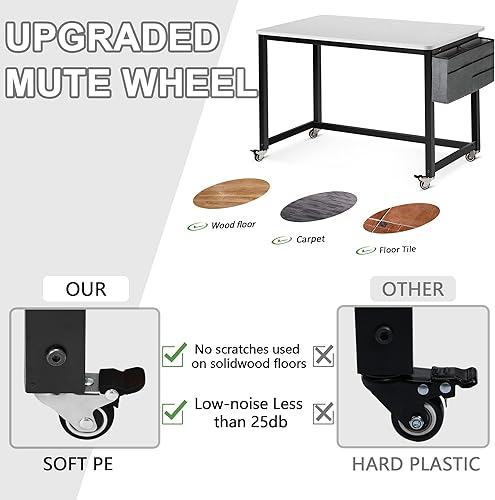 Miniatura 23 de AHB Escritorio para computadora con 4 ruedas lisas, escritorio móvil de estilo simple, mesa de estudio para oficina en casa, estación de trabajo