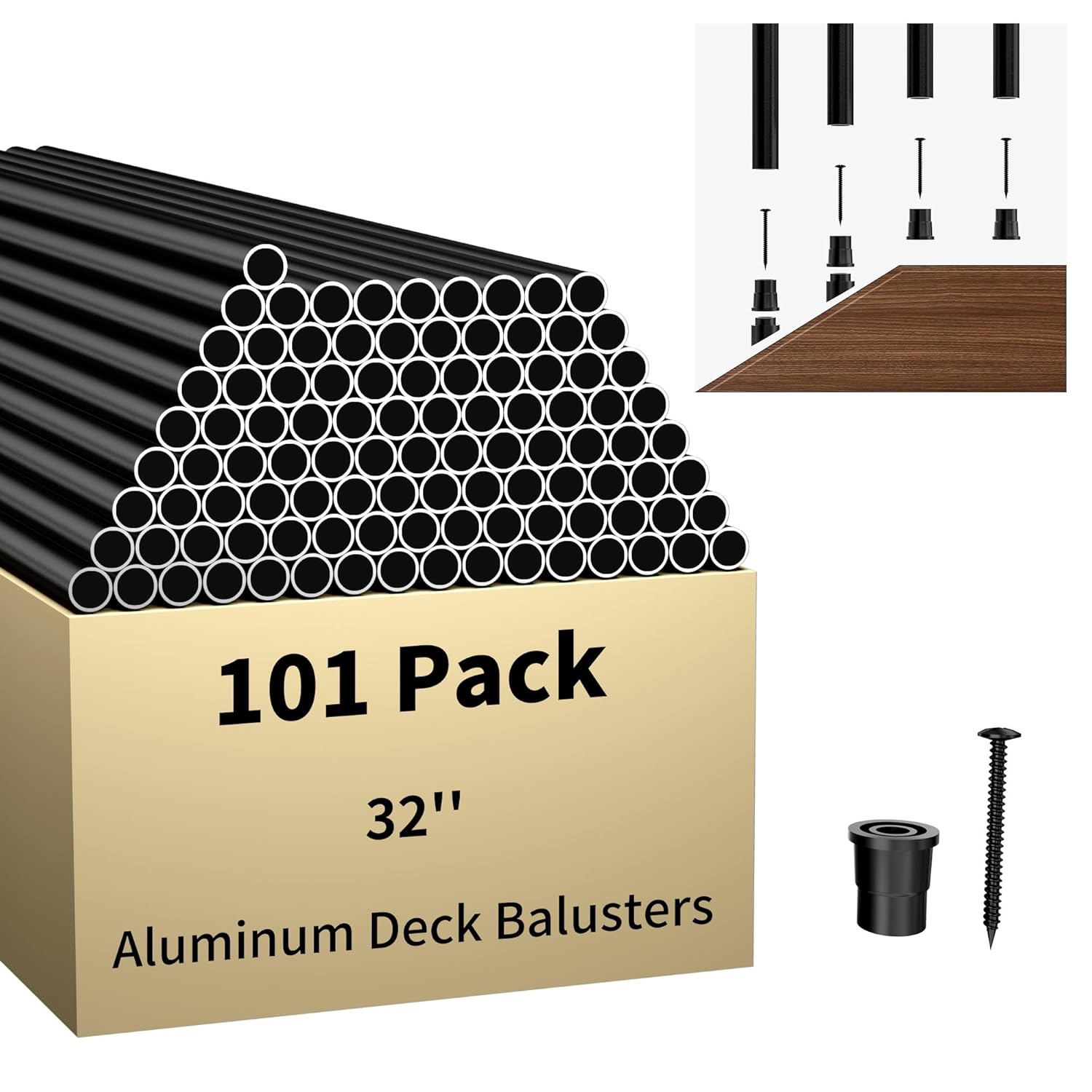 32" Aluminum Stair Balusters – 101-Pack Deck Railing Spindles with Connectors, Matte Black Powder-Coated, Rust-Resistant Metal Pickets for Indoor & Outdoor Staircase