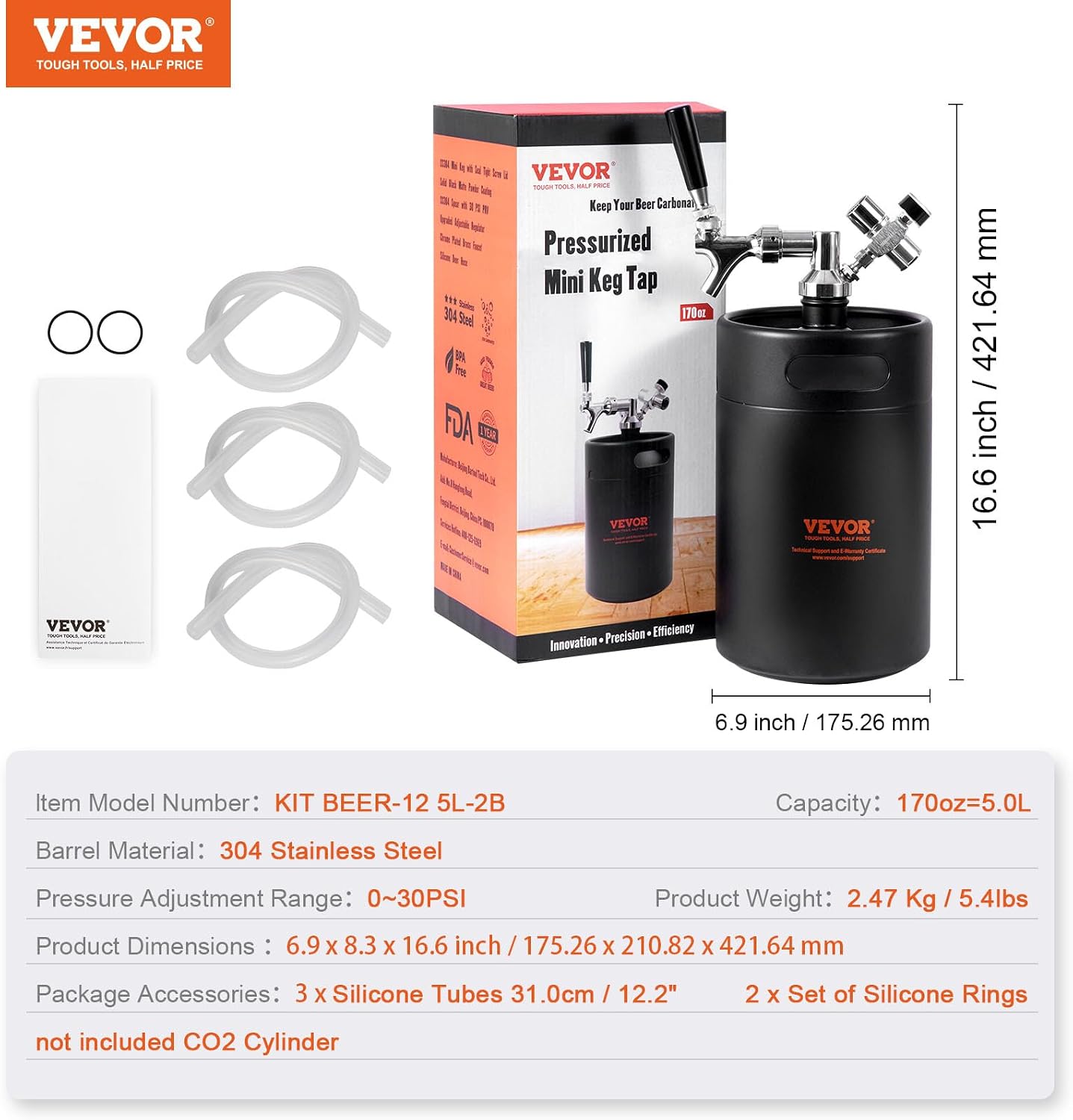 Beer Growler Tap System, 170Oz 5L Mini Keg, 304 Stainless Steel Pressurized Beer Growler, Keg Growler with Pressure Display, CO2 Regulator Faucet, Leak-Proof Ring For Draft, Homebrew, Craft Beer