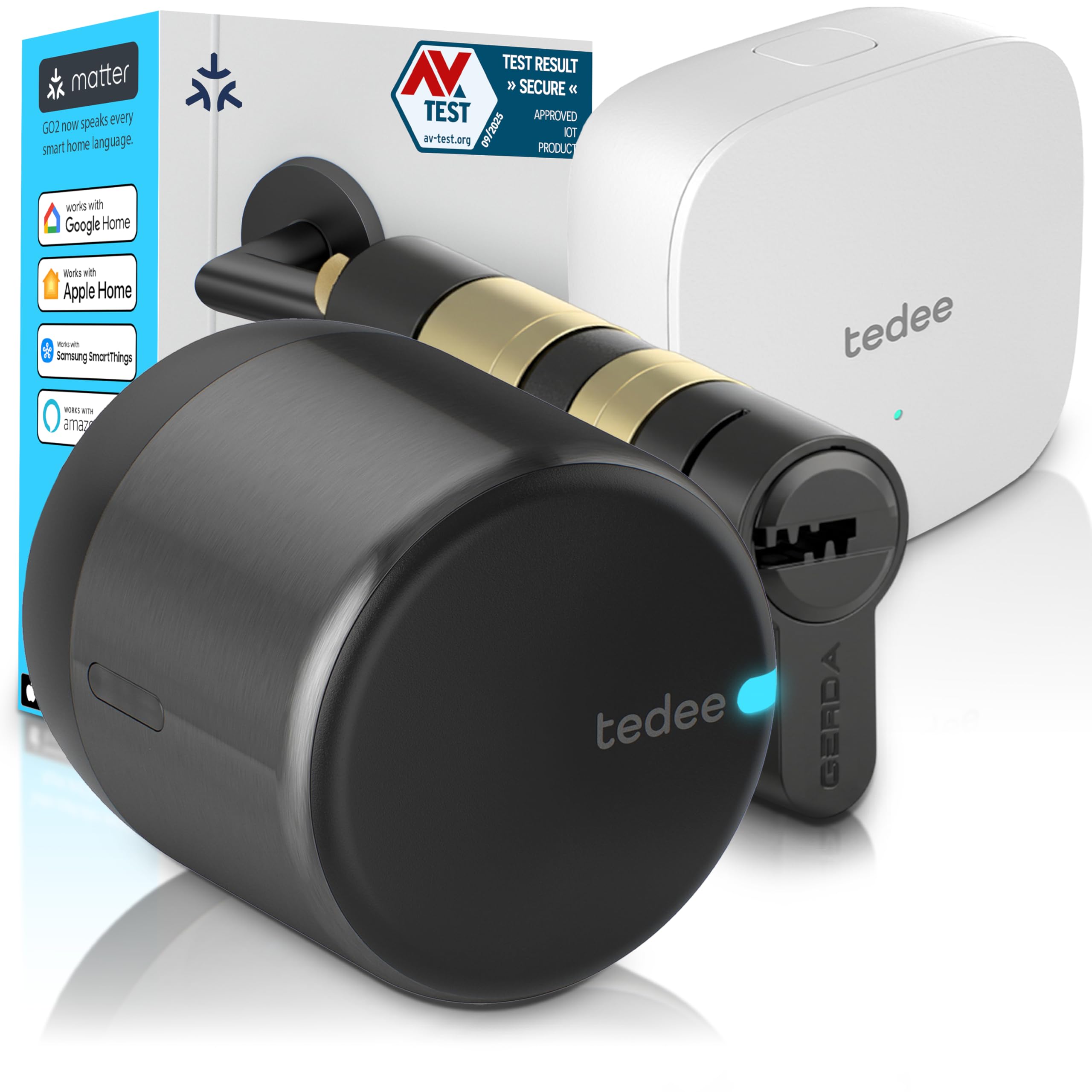 tedee GO2 Alu Cerradura Inteligente con WiFi y Bluetooth, Electrónica Kit con Cilindro Exxo Smart 31-62/31-62mm y Bridge, para Acceso Remoto y Desbloqueo Automático, Compatible con Alexa Google Matter