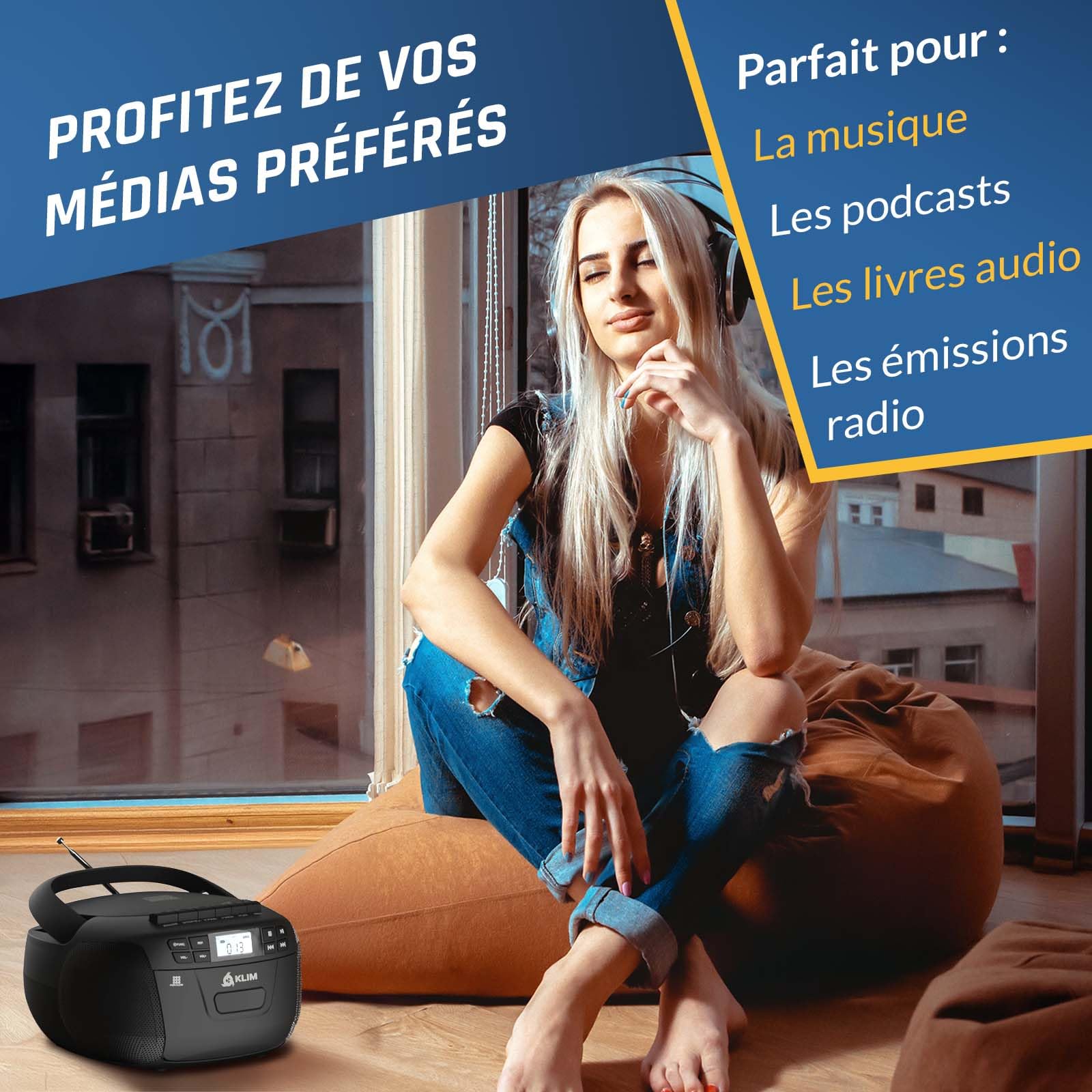KLIM Lecteur CD & Lecteur Cassette Audio avec USB, AM/FM Poste Radio CD, Lecteur CD Bluetooth, Son Stéréo, Télécommande, Enregistrement de Cassettes, AUX, Radio Cassette CD