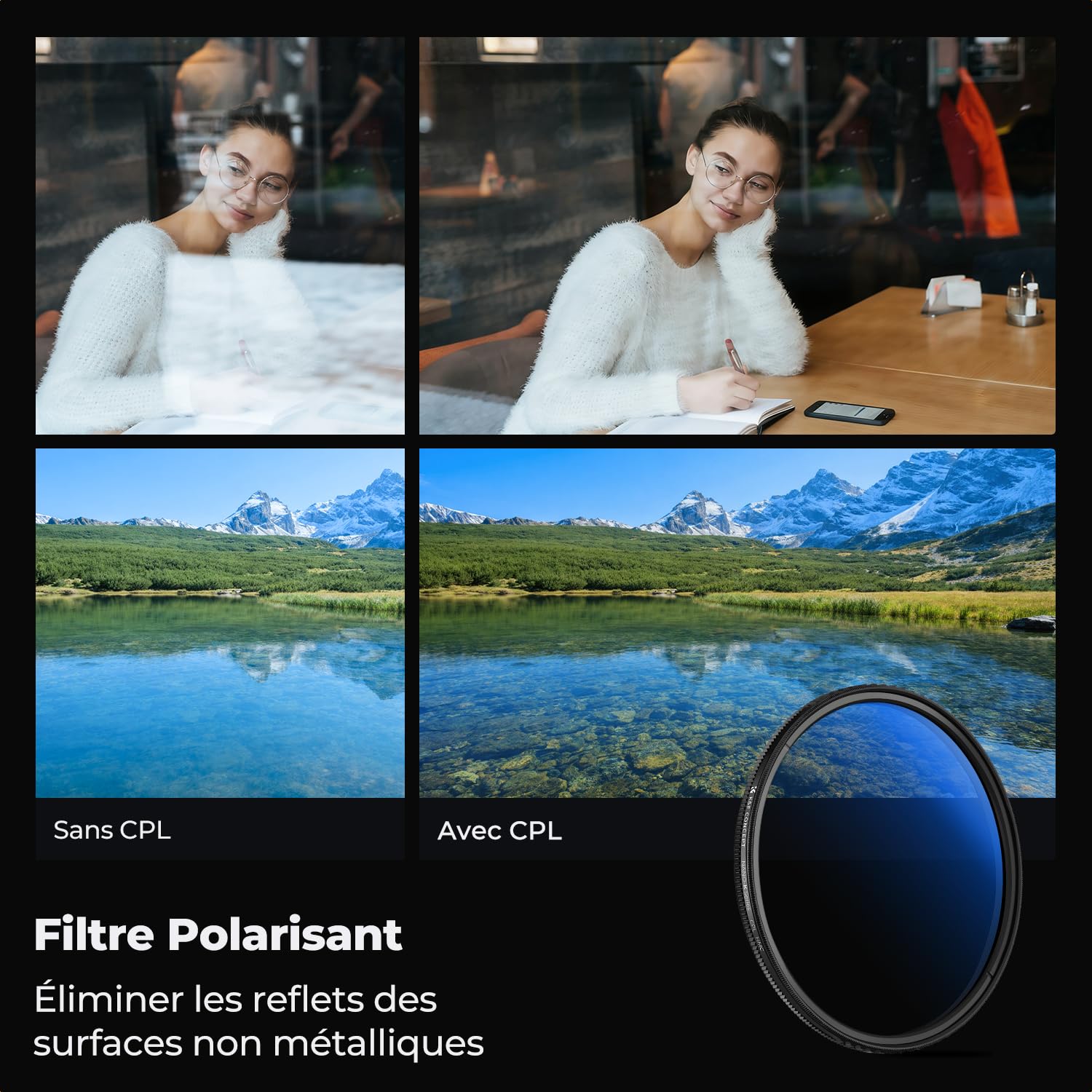 K&F Concept Filtre Polarisant CPL 67mm Slim avec Revêtement et 3 Chiffons de Nettoyage pour Objectif Appareil Photo