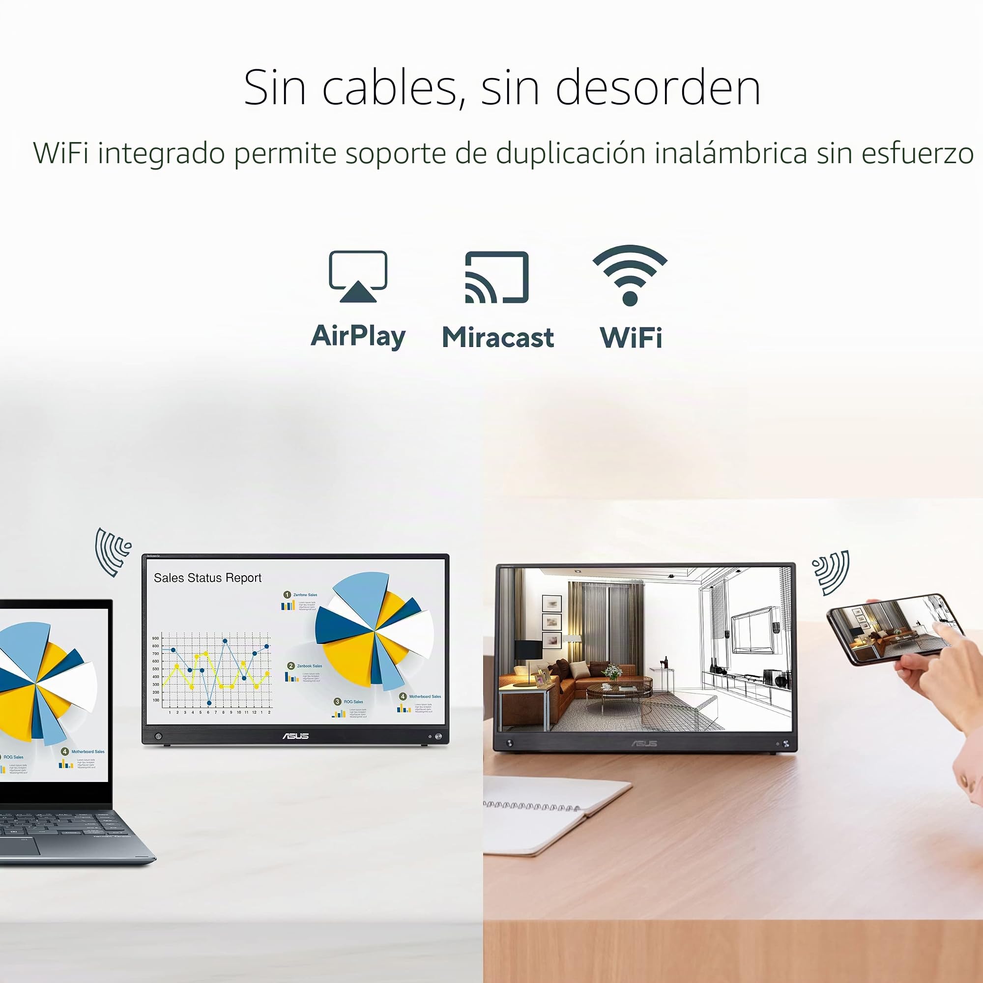ASUS Monitor portátil inalámbrico USB ZenScreen GO MB16AWP: 15,6", IPS, USB Tipo C, Mini-HDMI, Batería integrada, Antiparpadeo, Luz Azul de Baja Intensidad, Rosca para trípode. 250cd/m². Negro