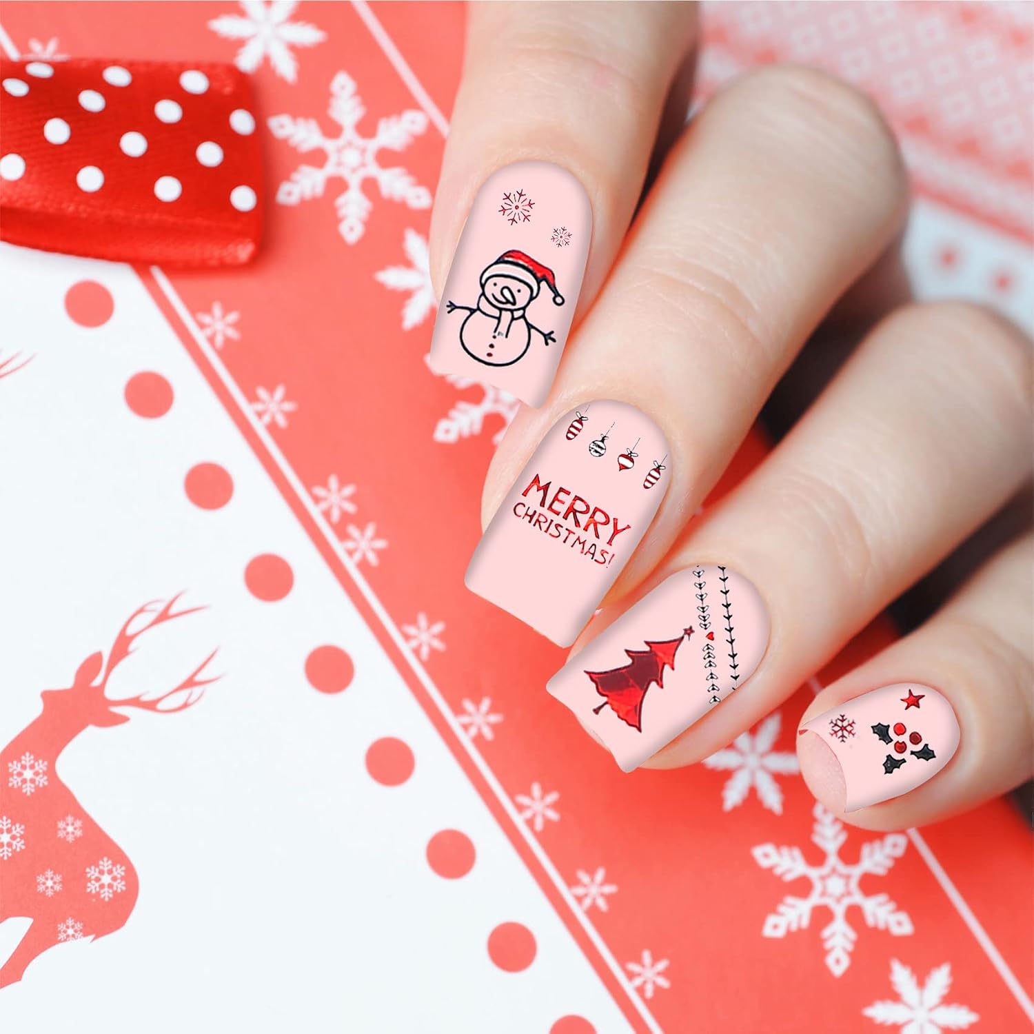TailaiMei 24 Sheets Christmas Nail Art Stickers Decals, 3D Self-Adhesive Glitter Nail Decorations Design for Santa Claus Snowflake Snowman (1128 Pcs)