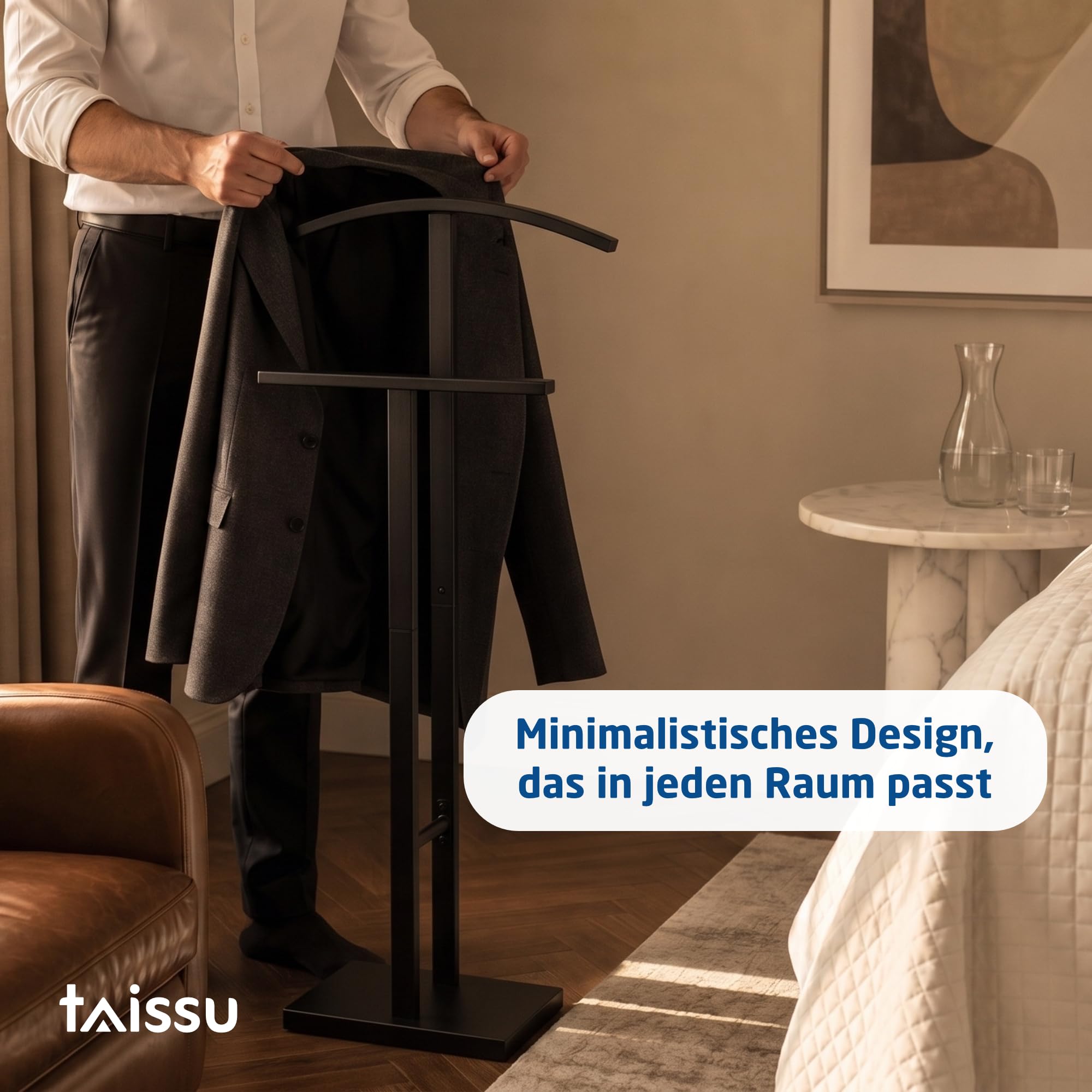 Herrendiener Mod. ADAK, Matt Schwarz | Obere Kleiderstange und Hosenstange, 52 x 18 x 100 cm, Stahl mit Betonbasis, Garderobe für das Schlafzimmer