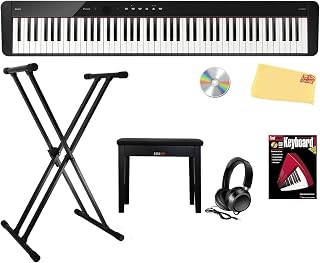 Privia PX-S5000 Digital Piano - Black Bundle with Adjustable Stand, Bench, Headphones, Piano Book, Online Piano Lessons, Instructional DVD, and Austin Bazaar Polishing Cloth