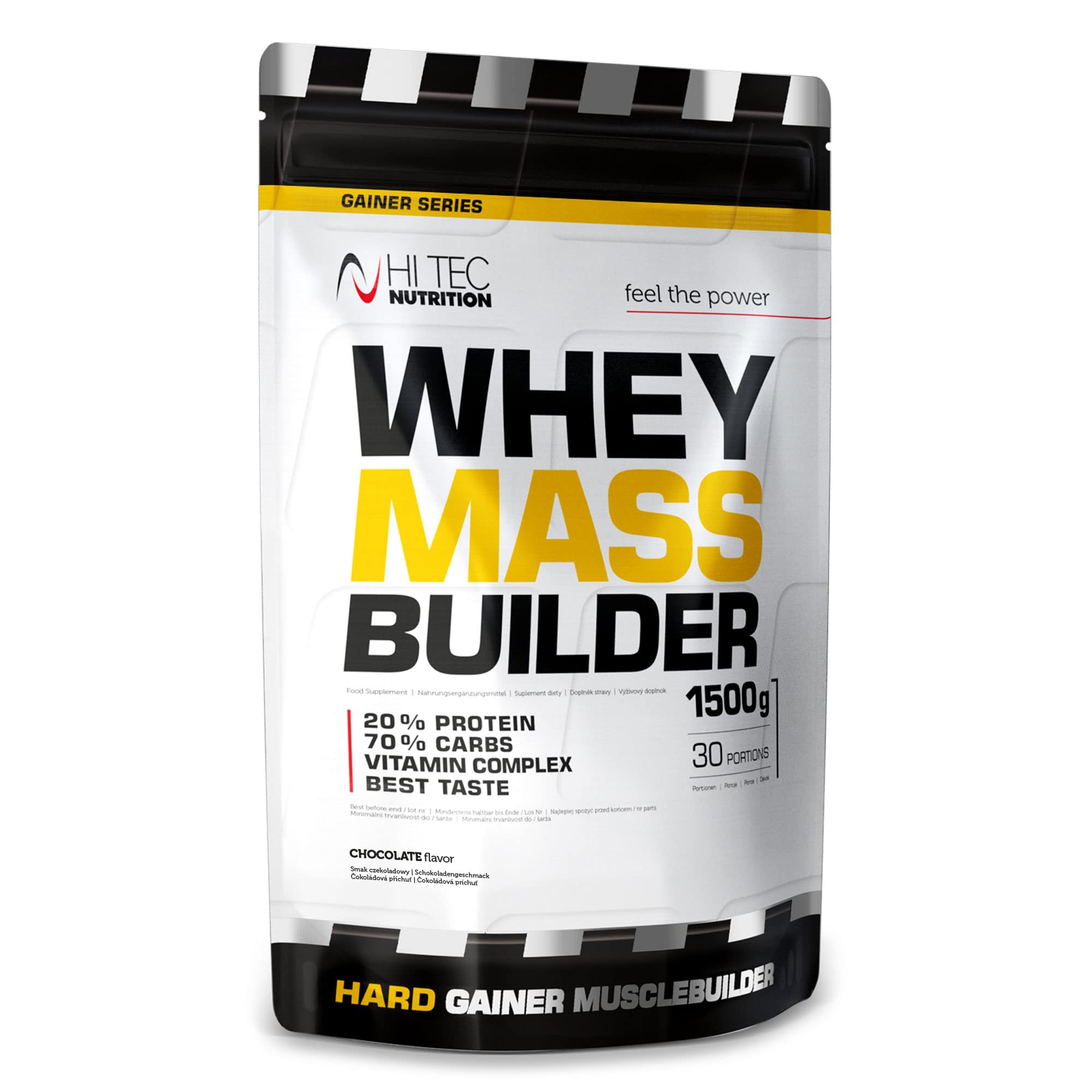 HI TEC NUTRITION Whey Mass Builder Protein Powder and Carbohydrates - Produkt Wysokobiałkowy dla Sportowców Podkład na Mocne i Duże Mięśnie - 1500g Smak Czekoladowy 30 Porcji