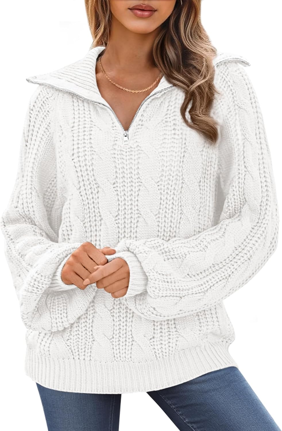 BTFBM Sweaters for Women Fall Fashion 2025 Loose Quarter Zip Pullover Collared Long Sleeve Cable Knit Winter Clothes