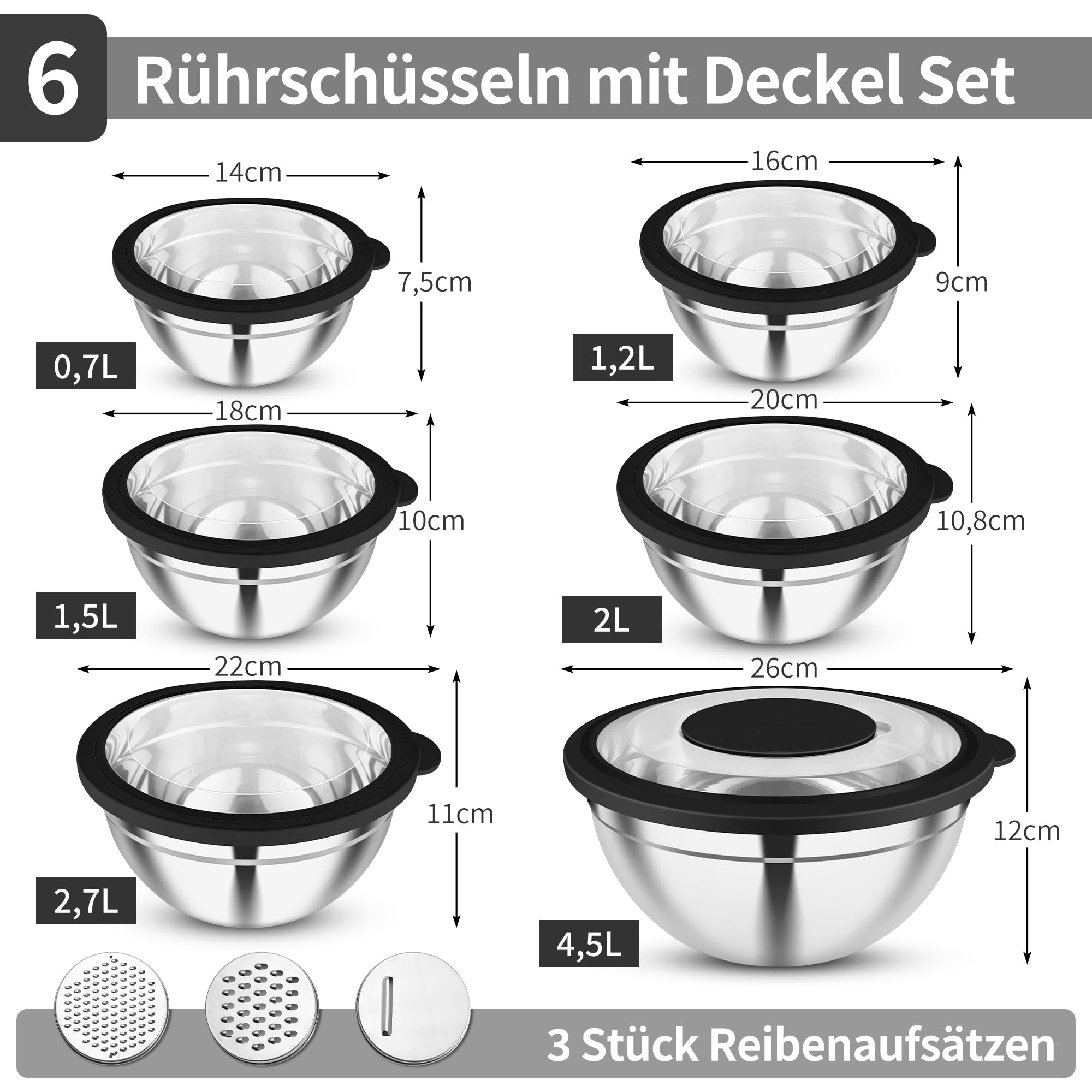 Joyfair Mengkom, 3-delige set, roestvrijstalen kom met luchtdichte deksel en antislipbodem, slakomset voor keuken, bakken, koken, bereiding, vaatwasmachinebestendig, 4,6 l, 2,8 l, 1,2 l, blauw