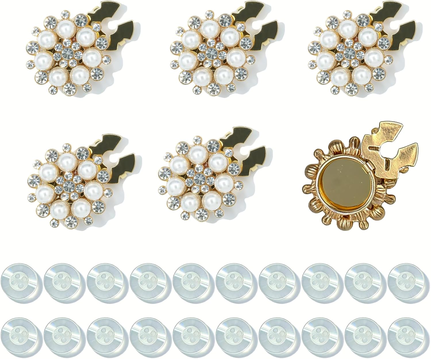 Pearl Sunburst Button Covers 6 Sets,20 Pcs 0.5in White Sewing Buttons,Detachable Clip-on Shirt Jewelry,Reusable for Women & Men Shirts Blouses,Dresses,Clothing Embellishment