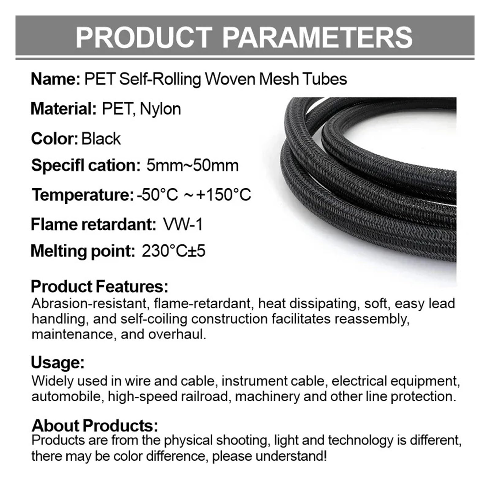 Wysuwana pleciona oplot PET z automatycznym zamykaniem (10 mm) - czarna