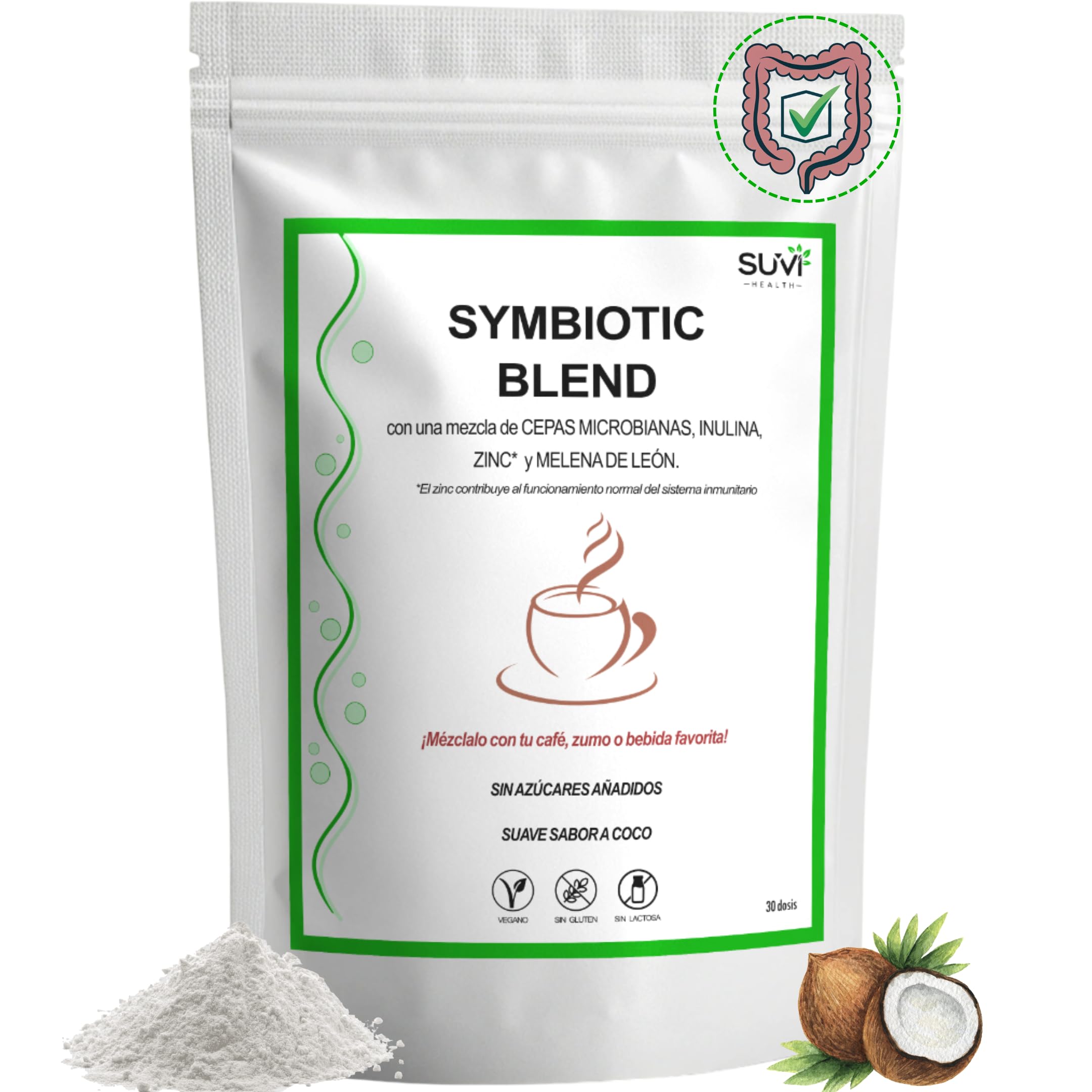 Symbiotic Blend Creamer - Natural Microbiotic con Probióticos y Prebióticos Intestinales, Melena de León y Zinc - Reduce Gases e Hinchazon Adultos - 30 dosis (1 Mes) - Hecho en España - 100% Vegano
