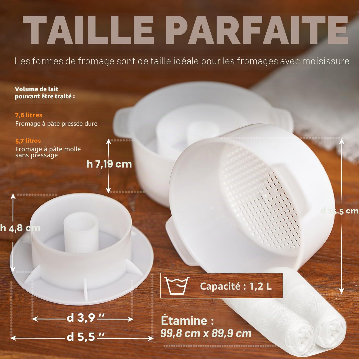 Kit de fabrication de fromage - Moule à fromage avec piston suiveur - Étamine - Panier de fabrication - Chiffon en coton