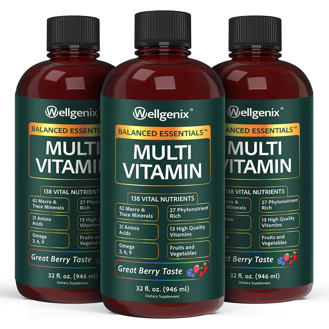 Wellgenix Balanced Essentials Plus New Formula - Complete Multivitamin Supplement - 1oz Daily - Immune Boosting & Overall Health - Adults, Kids, Toddlers - Berry Flavor 32oz (3) (Packaging May Vary)
