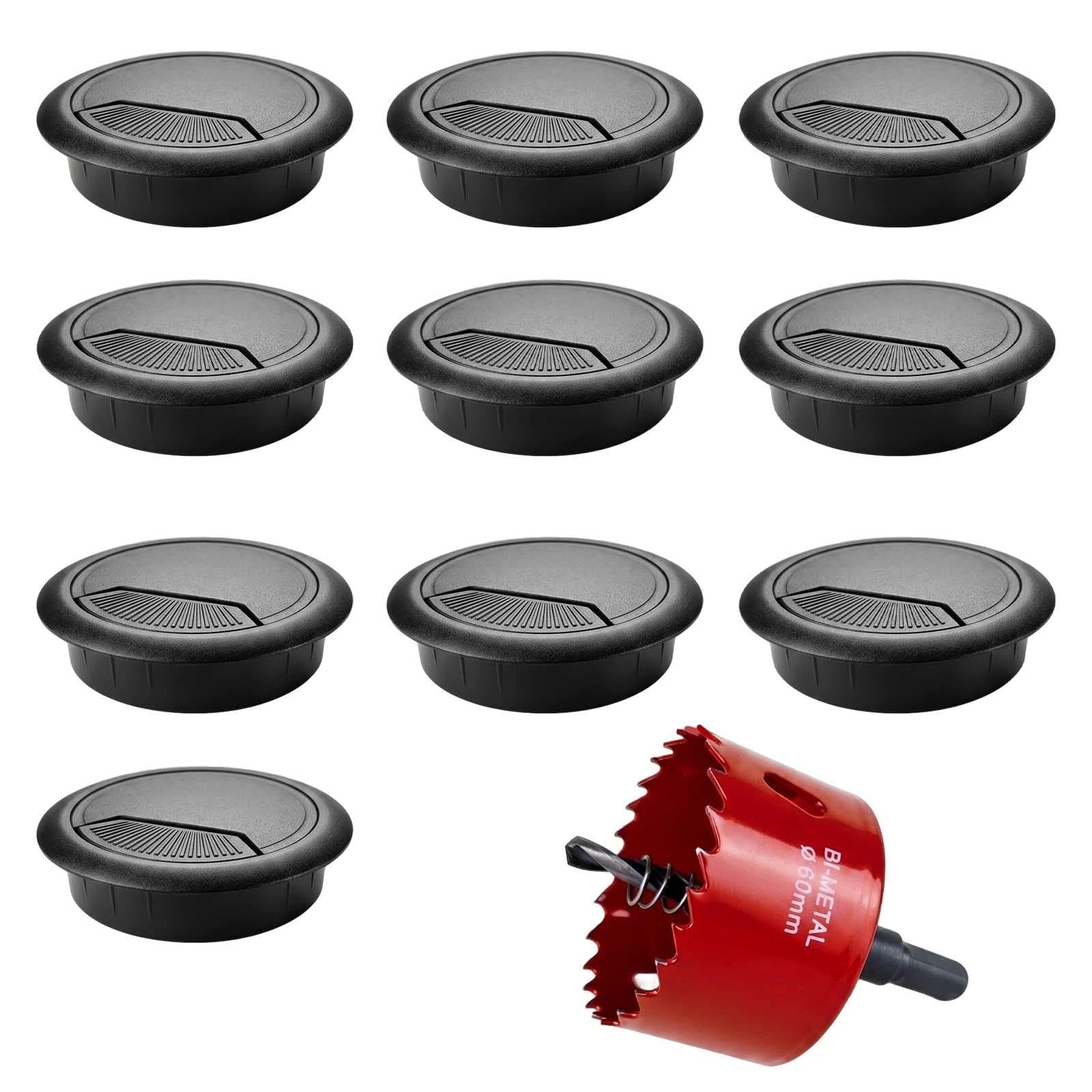 HHXUUAN Black Desk Grommet Cable Management System 60mmx10pcs with Professional Hole Saw, Reinforced ABS Cable Organiser for Home Office Computer Desks