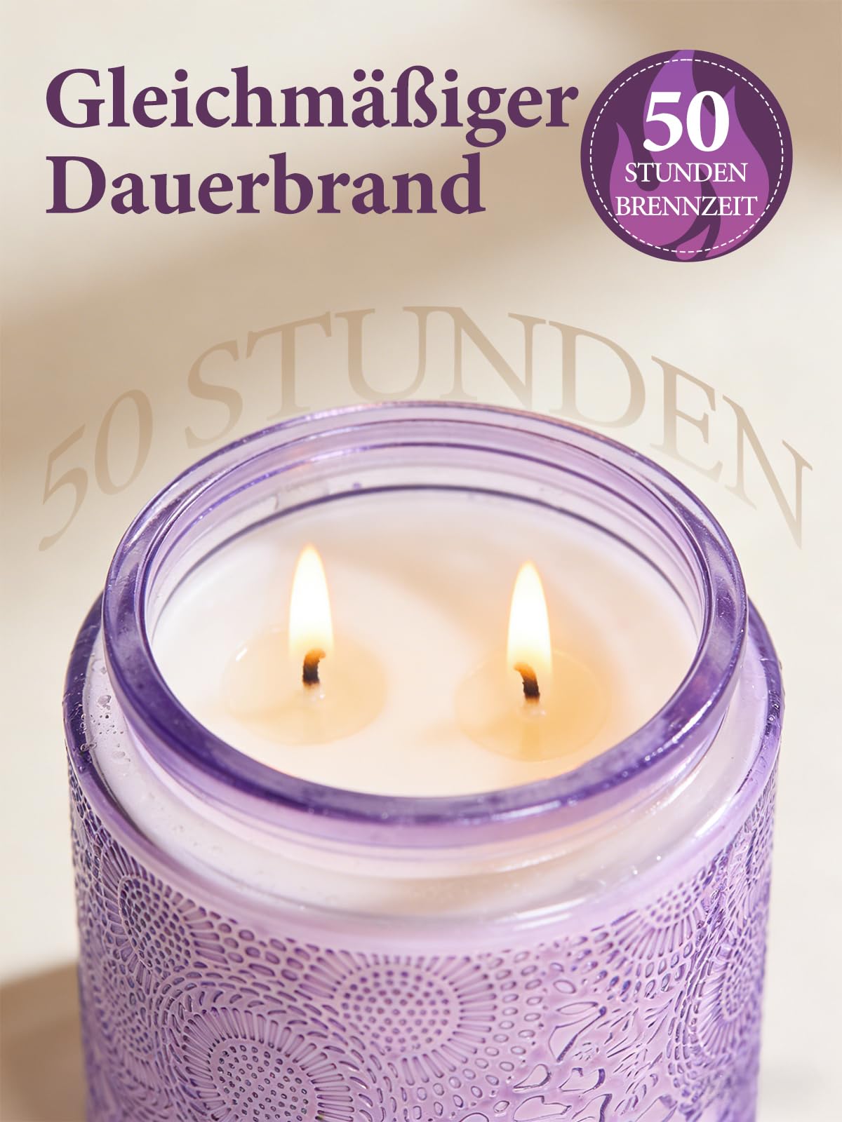 Lavendel Duftkerze im Glas – Duftkerze aus Sojawachs mit Doppeldocht, ca. 50 Std. Brenndauer, handgegossen, sanfter Lavendel Kräuter-Holzduft für Zuhause, Entspannung & als Geschenkide