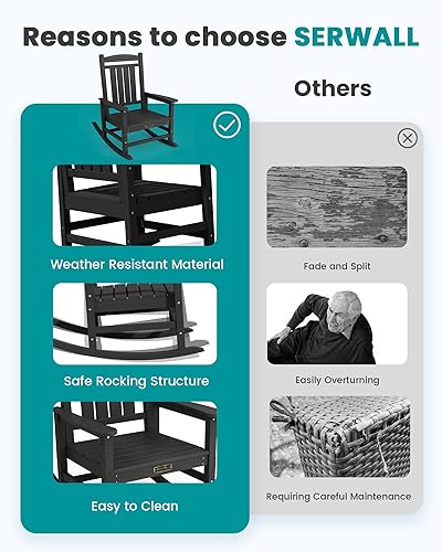 Miniatura 6 de SERWALL Mecedora para exteriores HDPE, mecedora de gran tamaño para adultos, gris