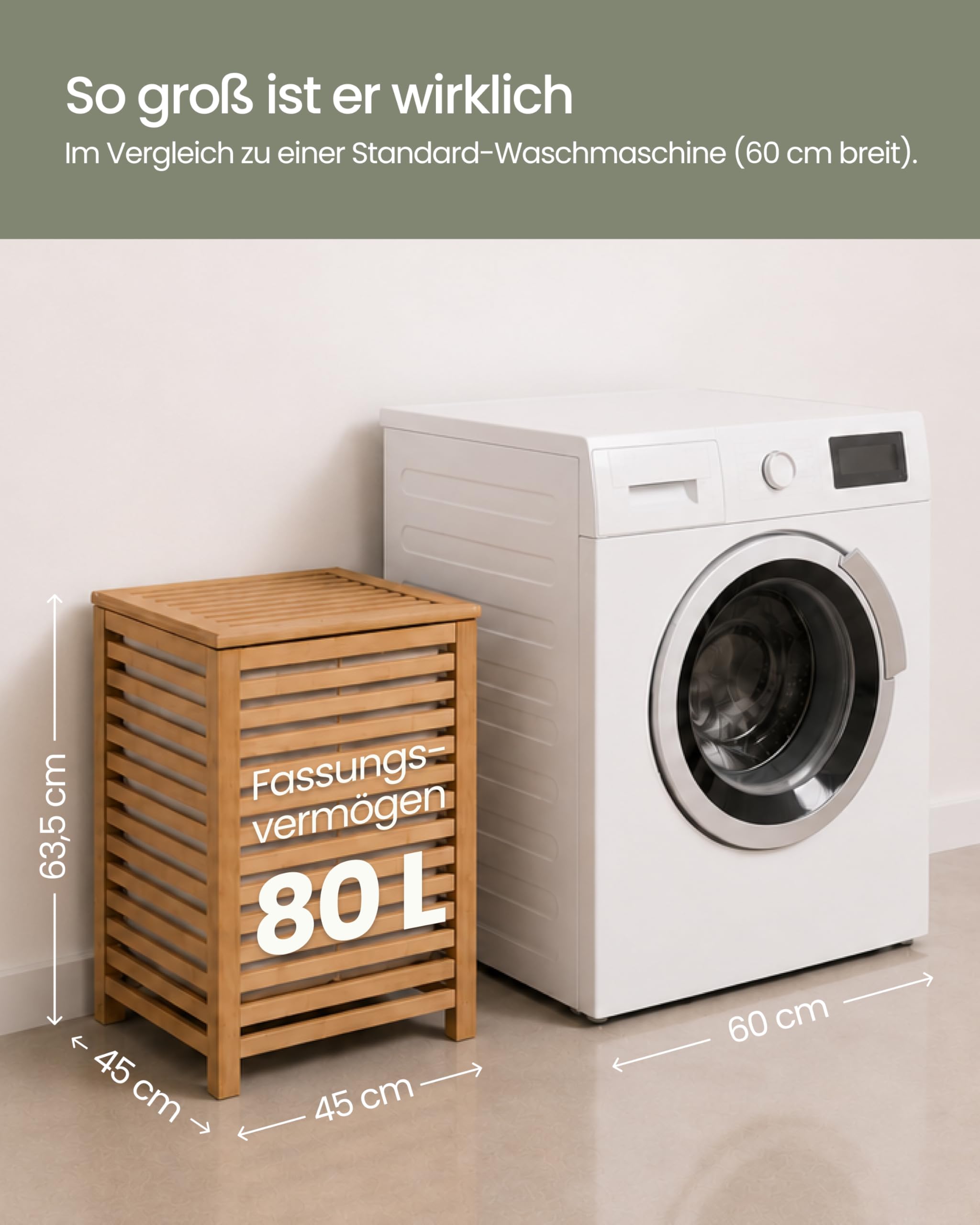 G21 Bambus Wäschekorb mit Deckel 80L 2 Fächer, Stabiler Wäschesammler mit Henkel, Großer Wäschekorb mit herausnehmbarem maschinenwaschbarem Wäschesack - laundry basket