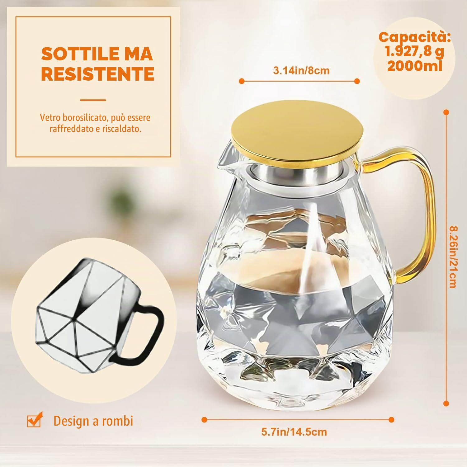 DUJUST Caraffa per Acqua con Coperchio in Acciaio Inossidabile [2 L],Brocca in Vetro con Maniglia di Disegno del Diamante, Decorazione per la Stanza, Caraffa in Vetro per Acqua ad Alta Durata