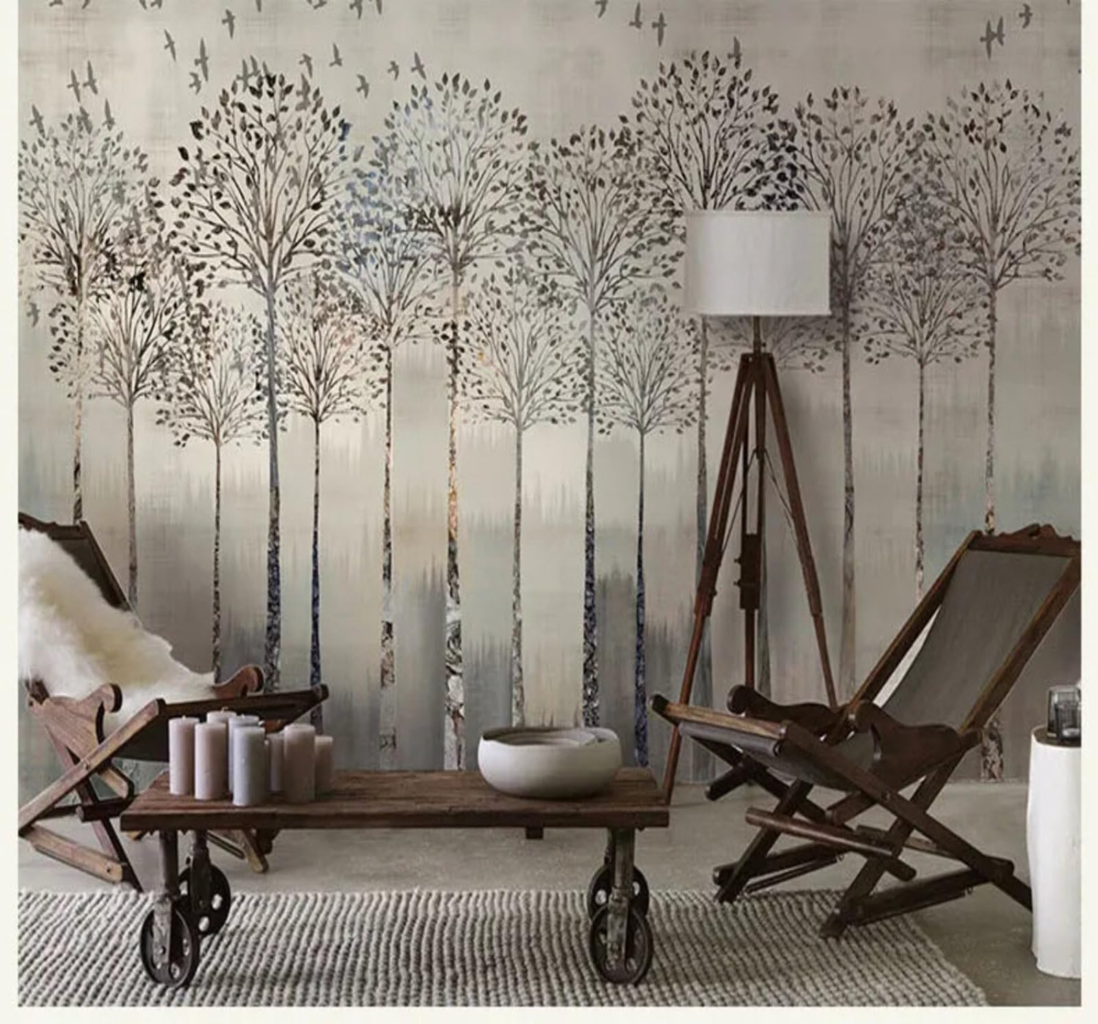 Tzxztt Retro Hand Drawn Forest Birds Landscape Modern 3D Wallpaper Premium Textured Silk Neutral Tones Material Ideal for Living Room Bedroom-430cm×300cm