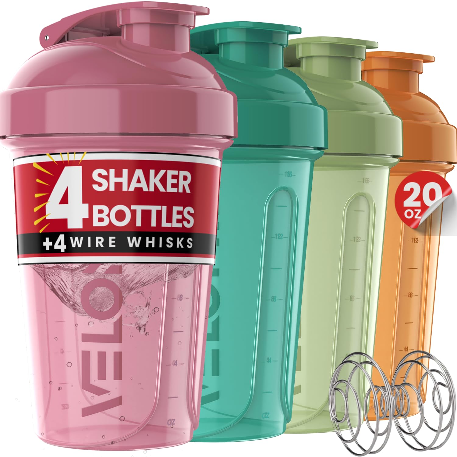 VELOMIX -4 PACK- 20 OZ Protein Shaker Bottles for Protein Mixes, Shaker Cups for Protein Shakes, Small Shaker Bottle Pack, Shaker Cup, Shakers for