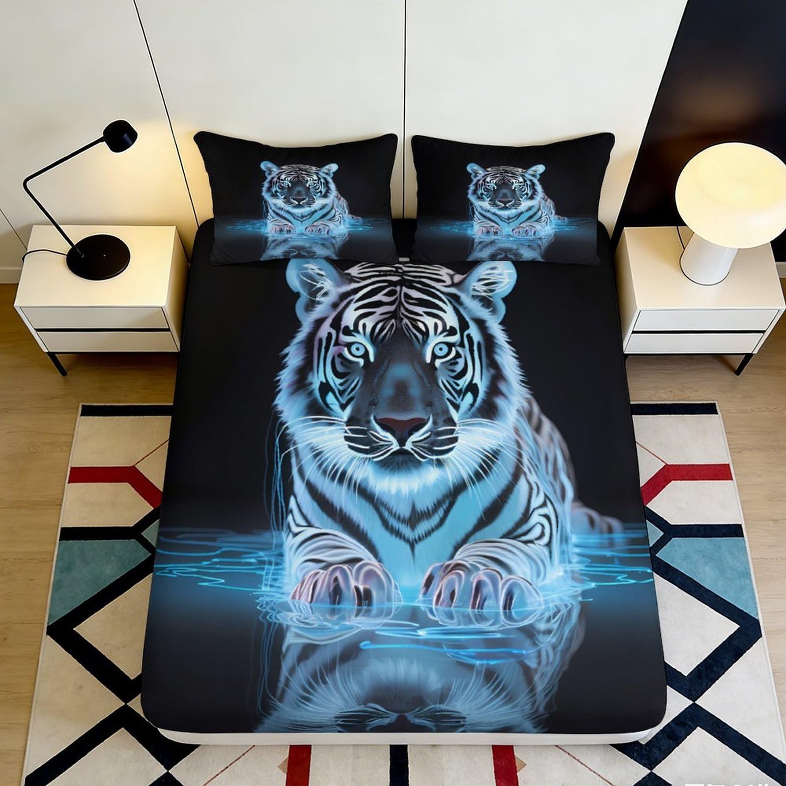 3D Printed Blue Tiger Fitted Sheet Microfiber Animal Pattern Bed Cover for Bedroom Dorm Mattress Protection Decor 200x200x25cm