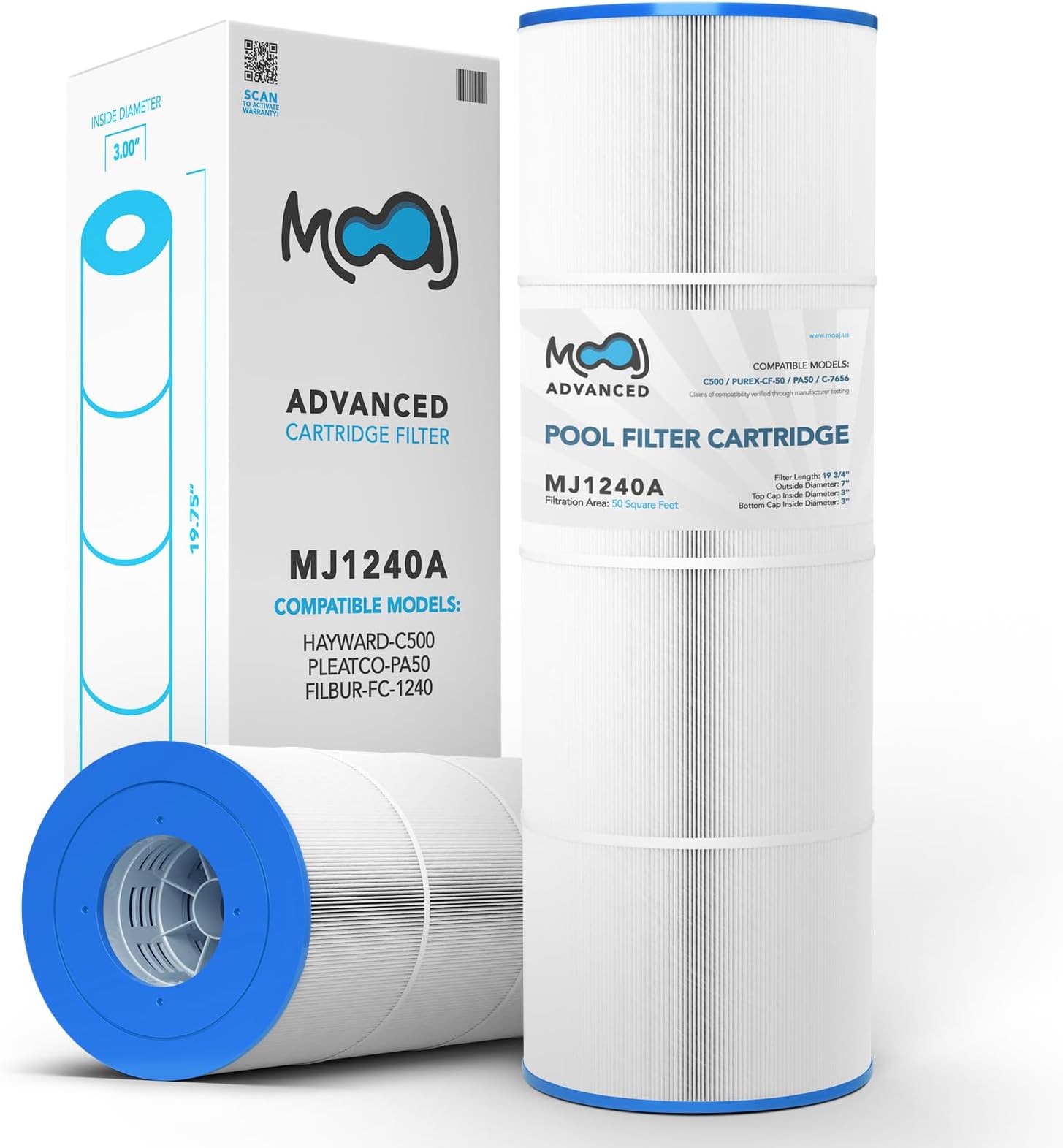 MOAJ Advanced Pool Filter Replaces Hayward CX550RE, C500, C550, PA50, Pentair CF-50, R173409, Filbur FC-1240, Unicel C-7656, Magnum HW500 | 19 3/4" x 7" | 50 SQ FT | Washable & Reusable | Based In USA