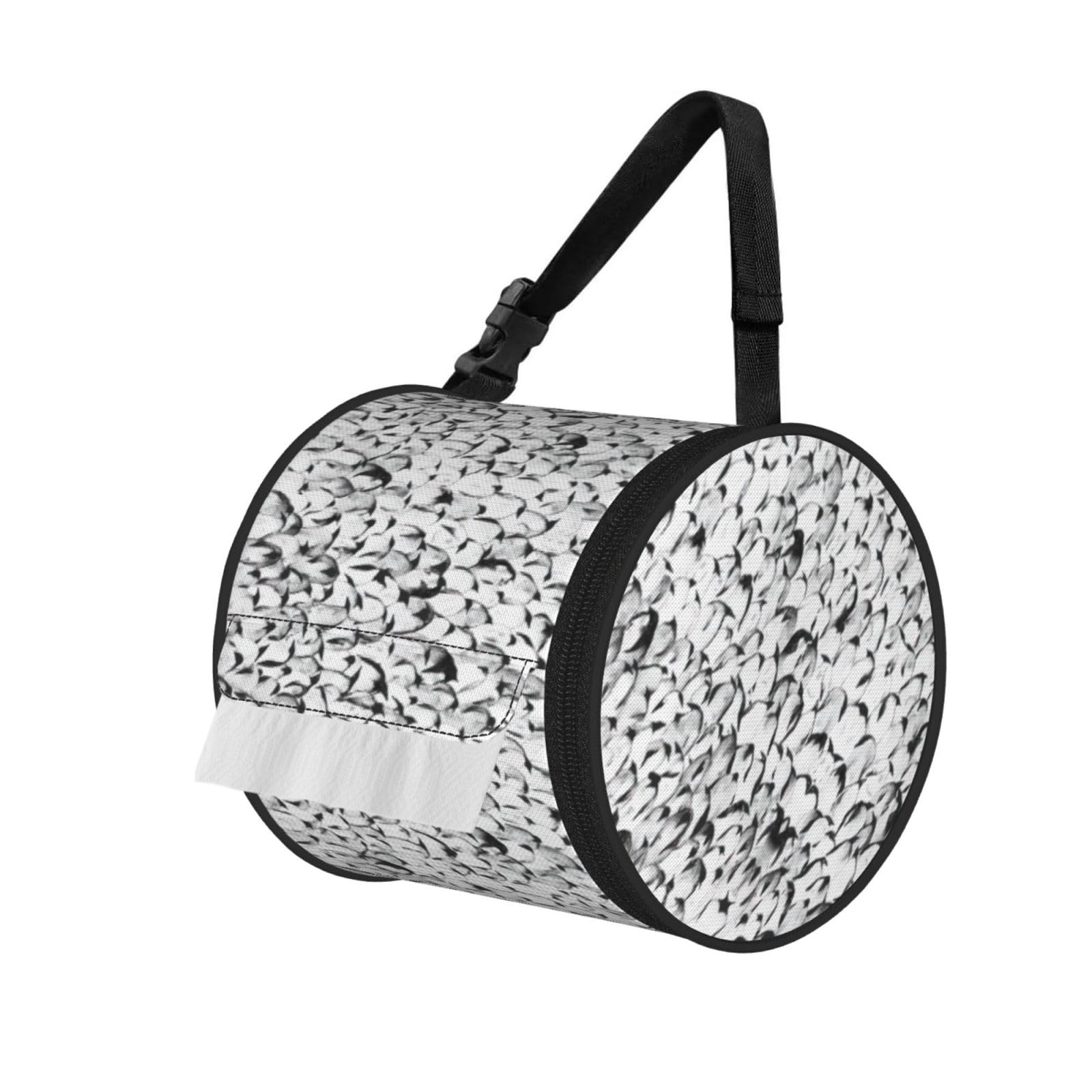 Stylish Crowd Of Penguins Pattern Print Round Paper Tissue Holder With Shoulder Strap, Portable Roll Case For Caravan Travel Use