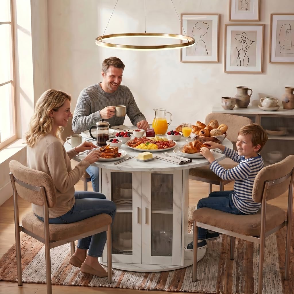 Tavolo da pranzo allungabile ovale, 100/140 x 100 x 77 cm, tavolo da cucina per 4-6 persone, con spazio di archiviazione e frigorifero, moderno tavolo da pranzo allungabile, tavolo da soggiorno con