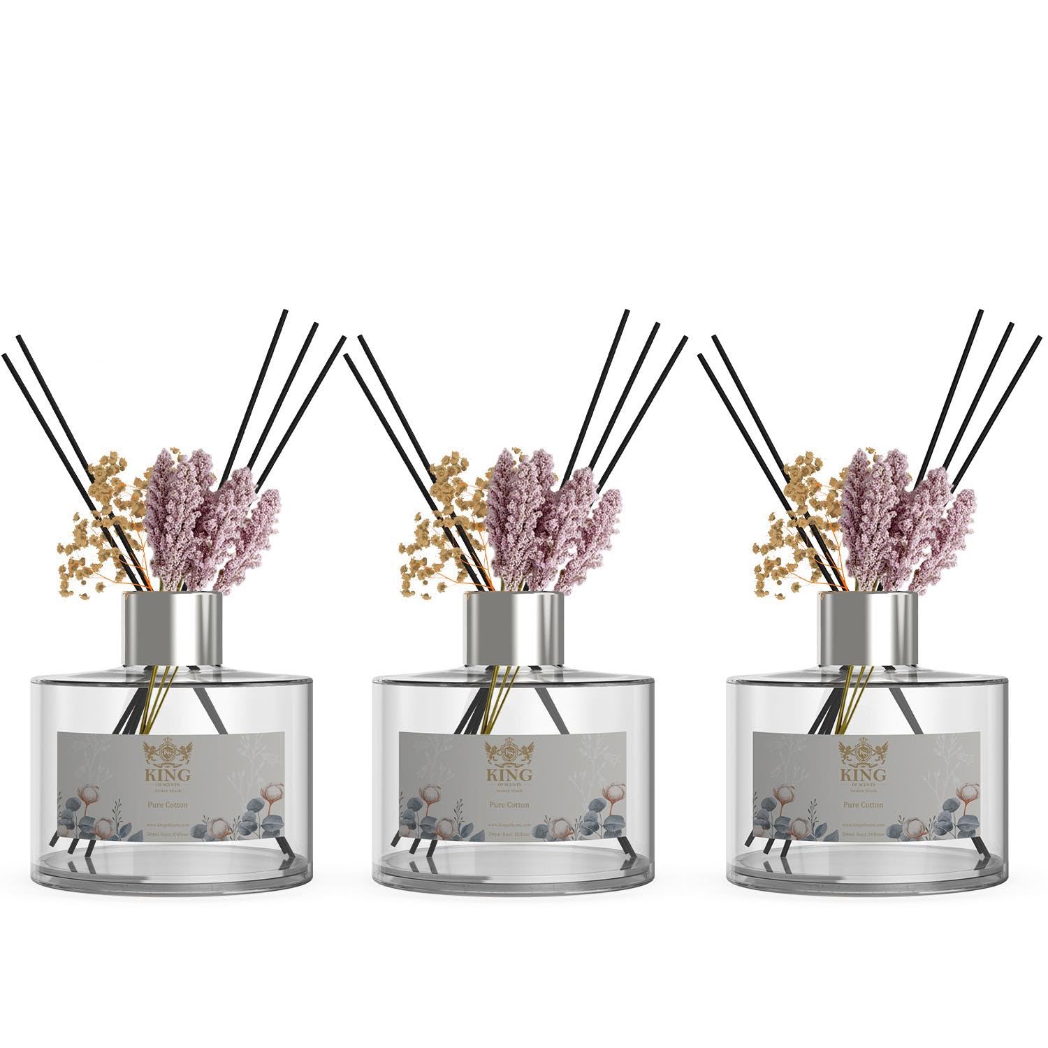 KING OF SCENTS Reed Diffuser (200ml) Pure Cotton Reed Diffuser Set,Reed Diffuser & Oil Diffuser Sticks with Flower, Aromatherapy, Home & Kitchen Décor,Fragrance and Gifts (Pack of 3)