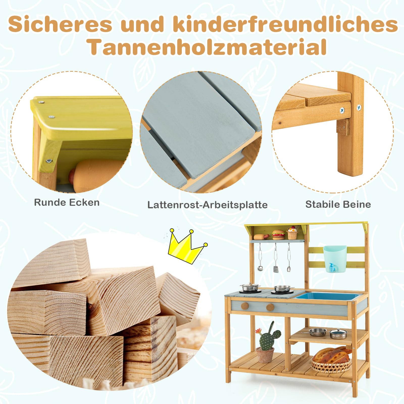 COSTWAY Matschküche Kinder Outdoor, Kinderküche Holz mit Wasserfunktion, Spielküche mit Haken & abnehmbarem Regal, Gartenküche Outdoorküche für Kinder ab 3 Jahren
