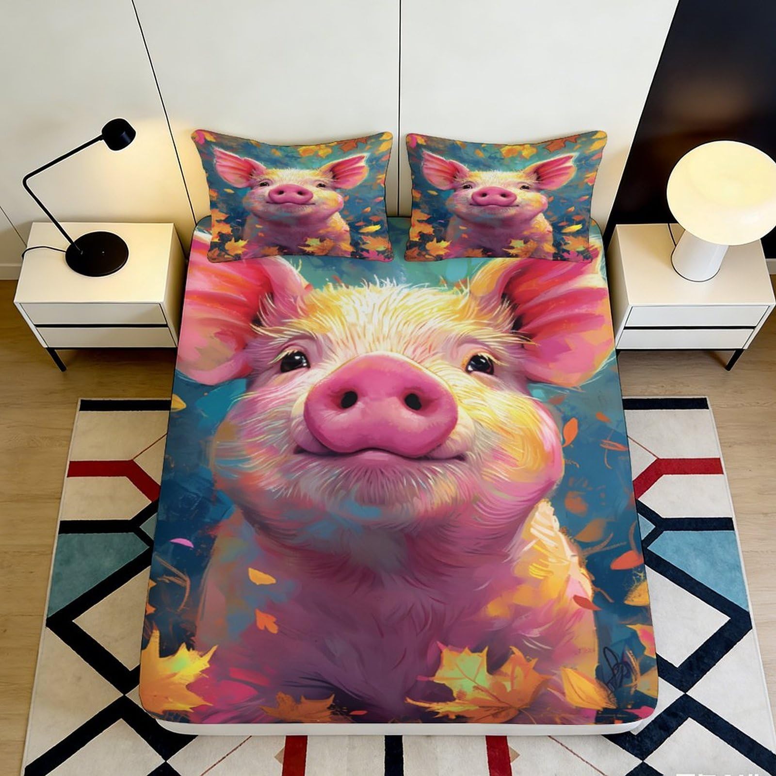 3D Printed Cute Pig Fitted Sheet Microfiber Soft Bed Sheet Autumn Leaves Art Mattress Cover for Bedroom Guestroom 90x200x25cm