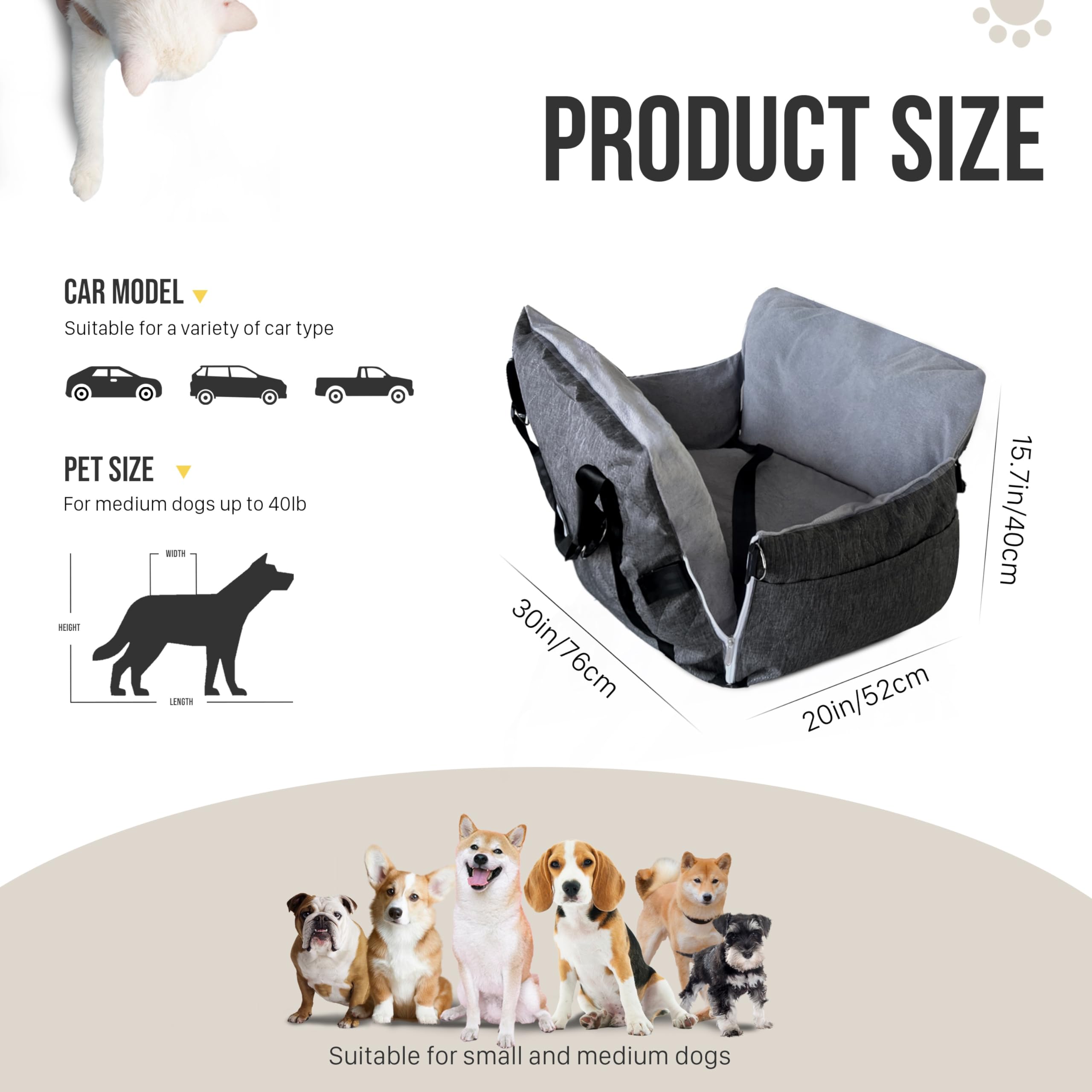 Seggiolino Auto Per Cani Grande/Medio Fino A 27kg - Letto Viaggio Con Tasche, Antiscivolo, Lavabile